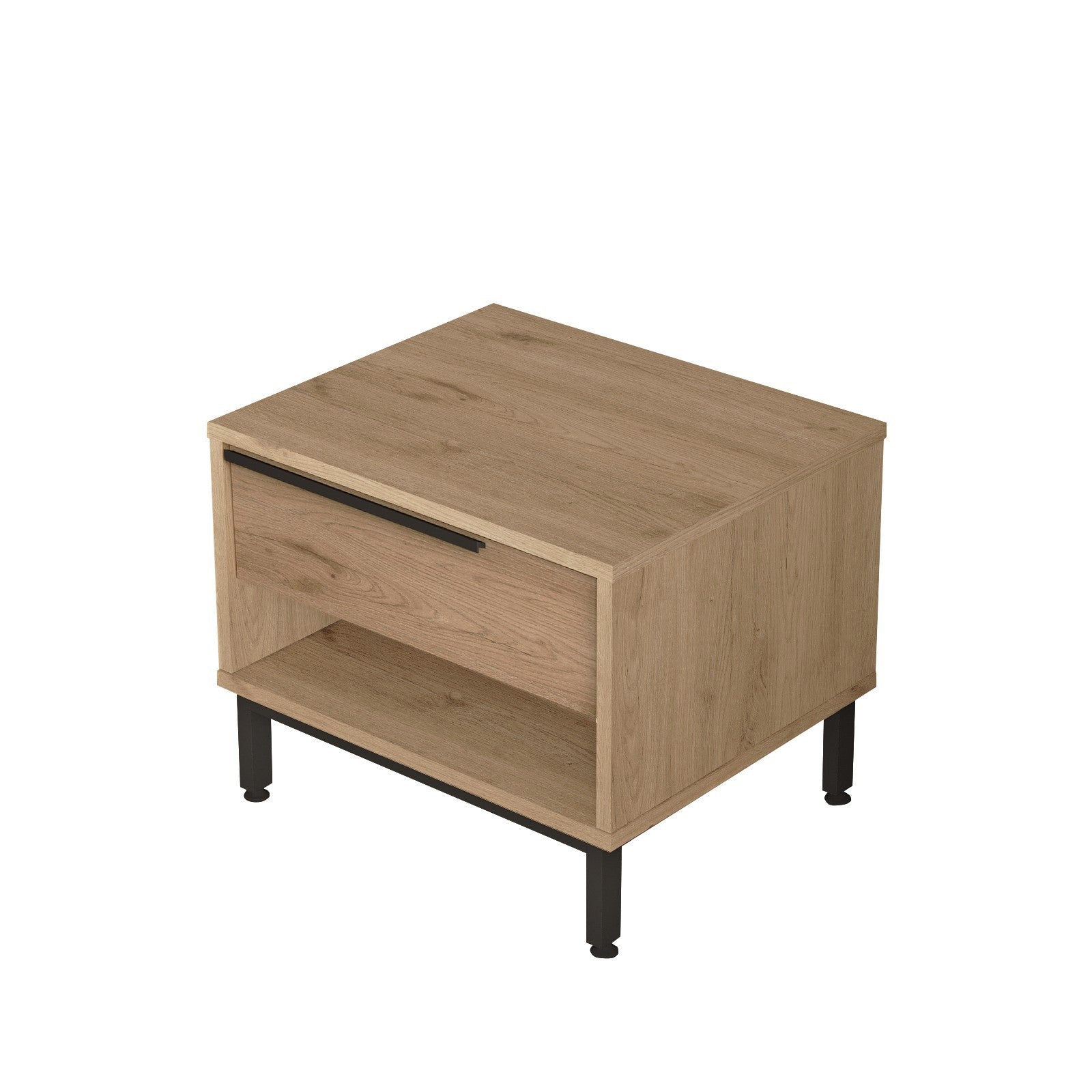 Elegante mesa de cabeceira em nogueira com pés de metal, 53,6 x 42,4 x 44,5 cm | Painel de partículas 100% revestido em melamina, 18 mm de espessura | Armazenamento elegante para quartos modernos