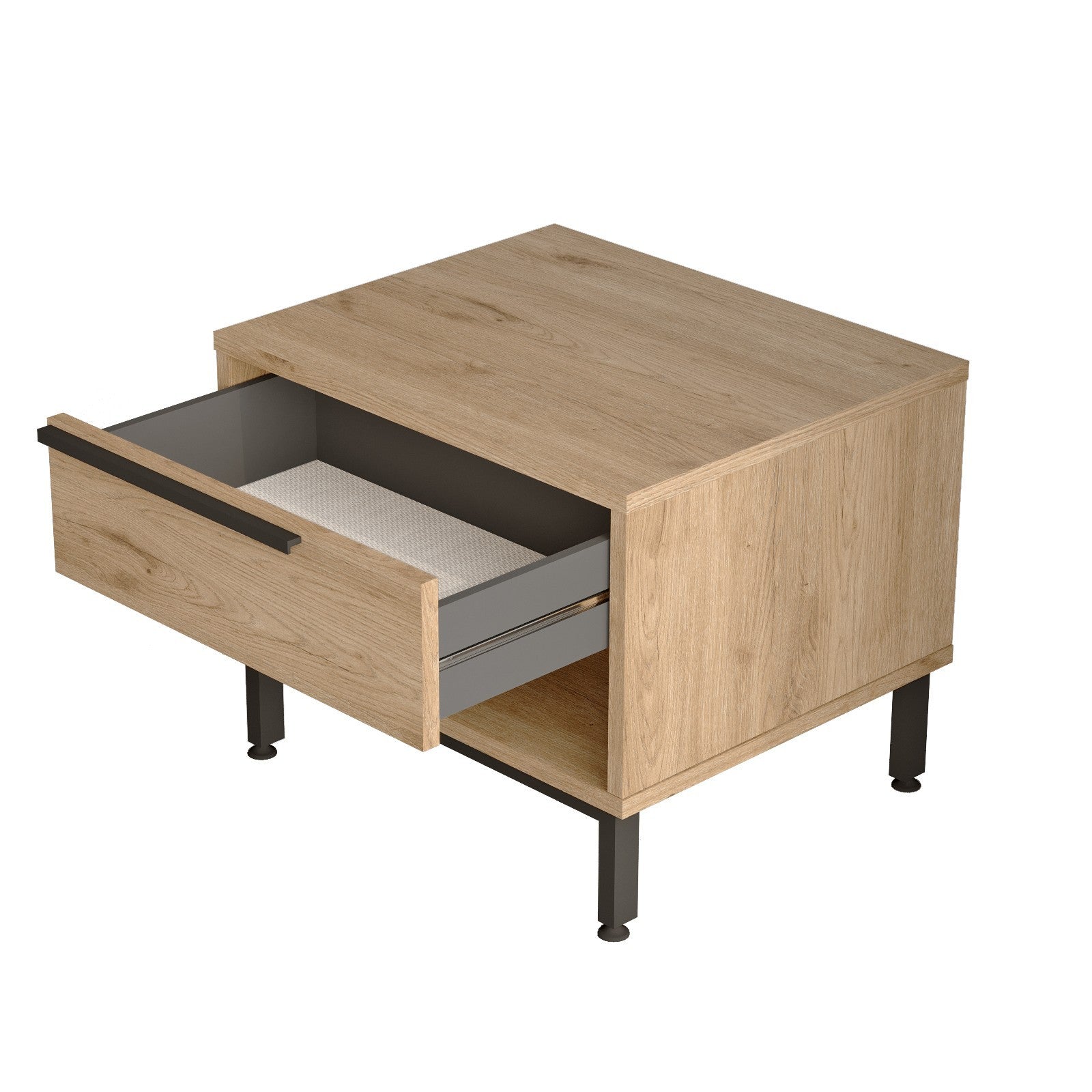Elegante mesa de cabeceira em nogueira com pés de metal, 53,6 x 42,4 x 44,5 cm | Painel de partículas 100% revestido em melamina, 18 mm de espessura | Armazenamento elegante para quartos modernos