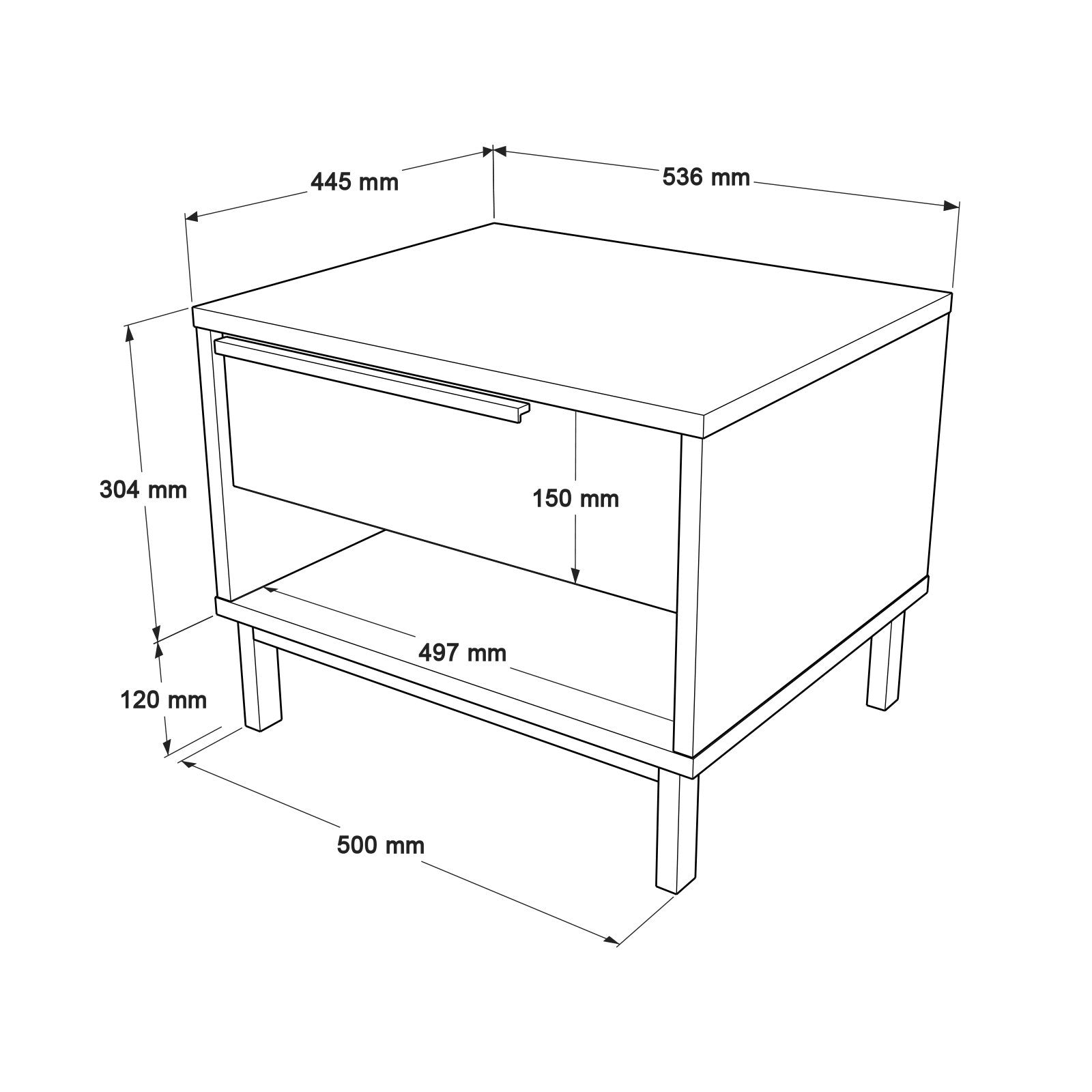 Elegante mesa de cabeceira em nogueira com pés de metal, 53,6 x 42,4 x 44,5 cm | Painel de partículas 100% revestido em melamina, 18 mm de espessura | Armazenamento elegante para quartos modernos