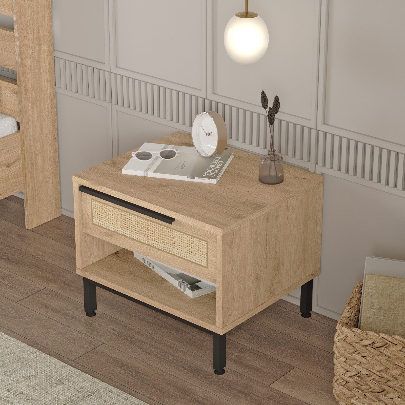 Mesa de cabeceira elegante com pernas de metal, acabamento em nogueira e carvalho, 53,6 x 42,4 x 44,5 cm | 100% revestida em melamina, 18 mm de espessura | Revestimento UV durável para quartos modernos