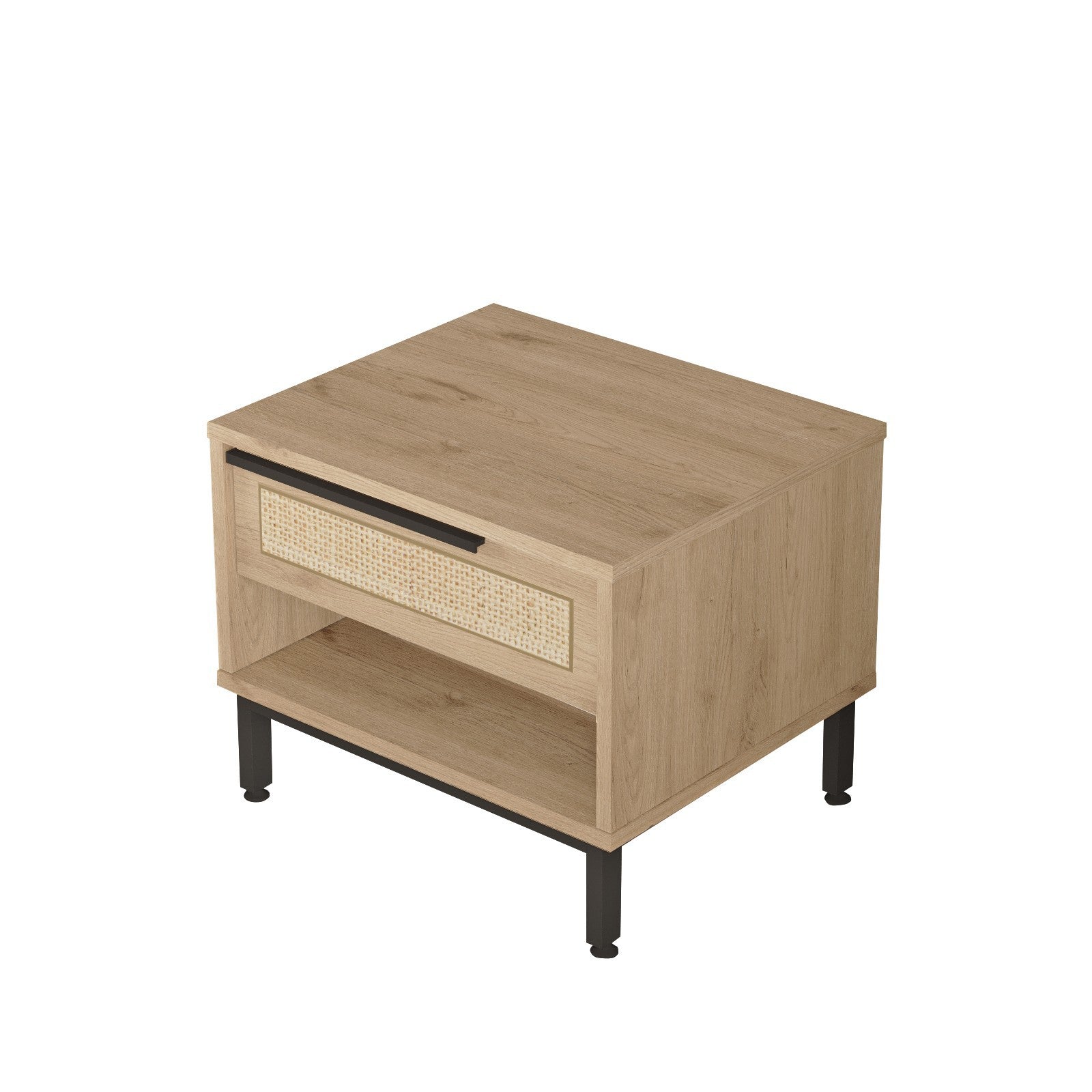 Mesa de cabeceira elegante com pernas de metal, acabamento em nogueira e carvalho, 53,6 x 42,4 x 44,5 cm | 100% revestida em melamina, 18 mm de espessura | Revestimento UV durável para quartos modernos
