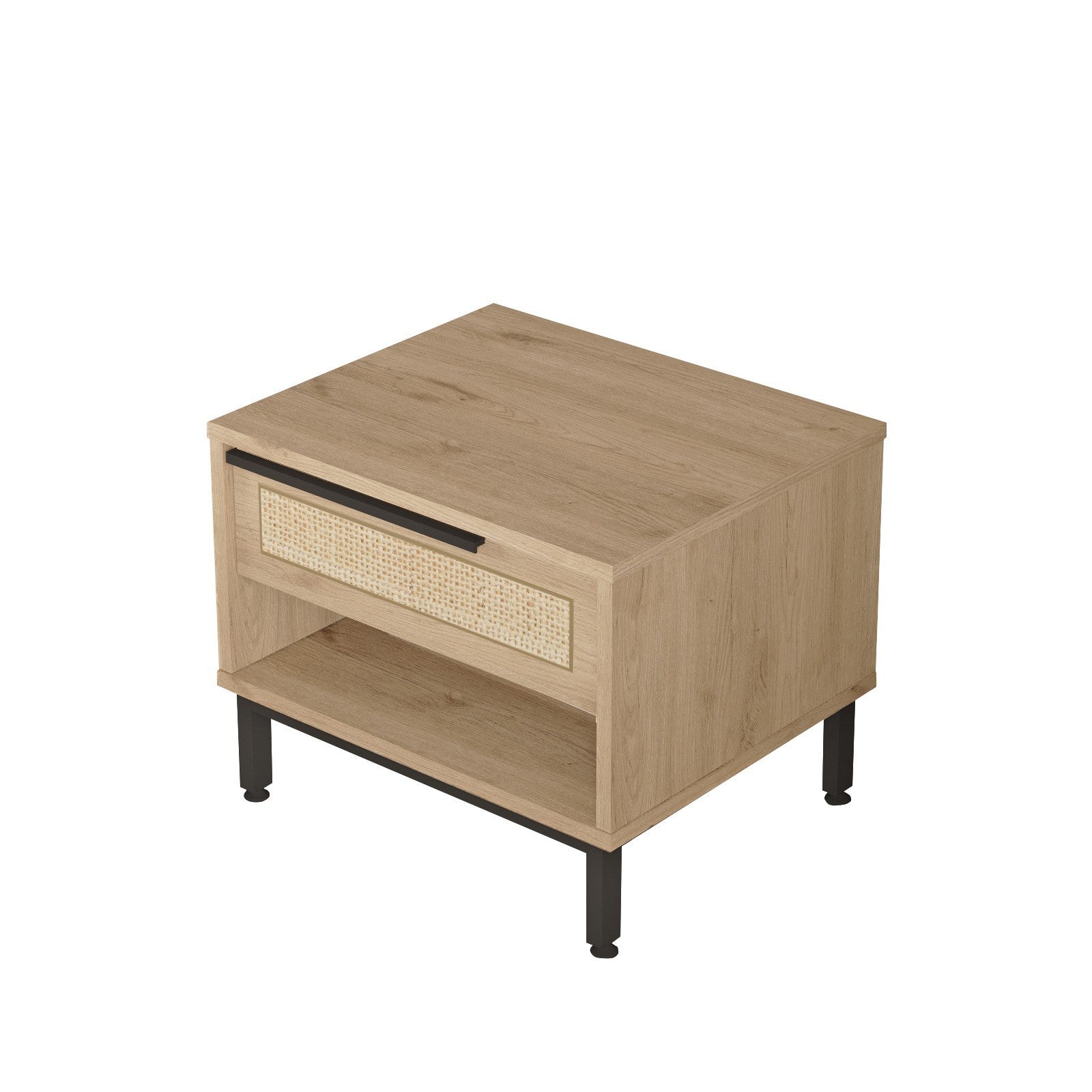 Mesa de cabeceira elegante com pernas de metal, acabamento em nogueira e carvalho, 53,6 x 42,4 x 44,5 cm | 100% revestida em melamina, 18 mm de espessura | Revestimento UV durável para quartos modernos