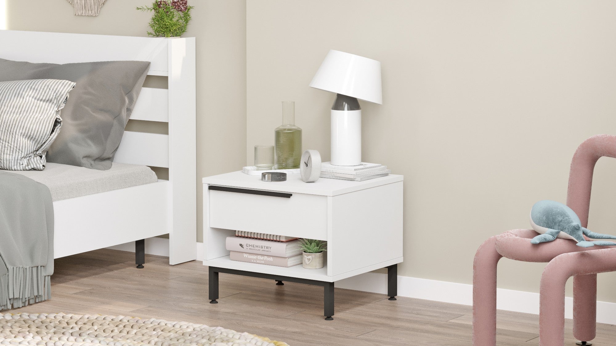 Mesa de cabeceira branca moderna com pés de metal, 53,6 x 42,4 x 44,5 cm | Painel de partículas 100% revestido de melamina, 18 mm de espessura | Elegante e funcional para o quarto
