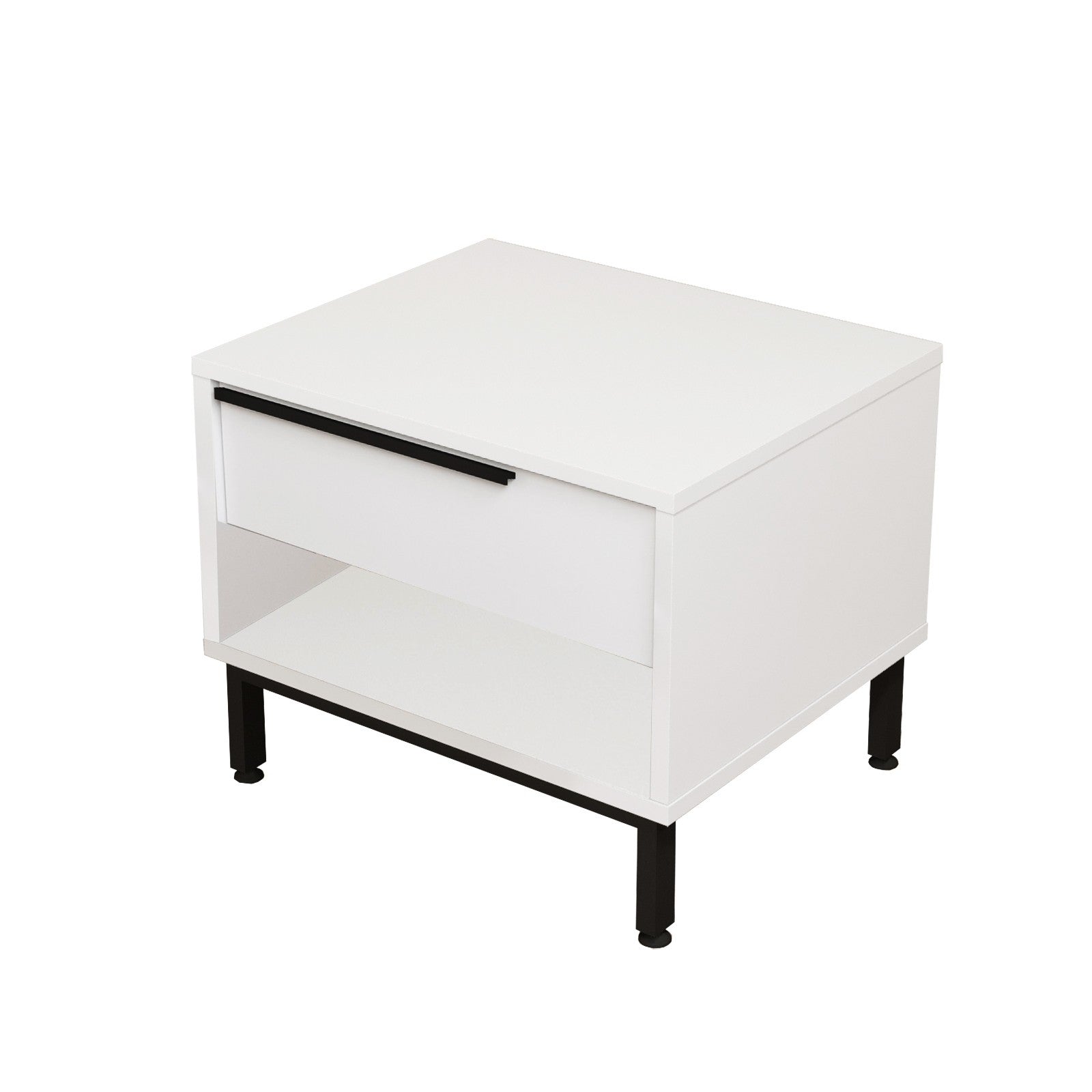 Mesa de cabeceira branca moderna com pés de metal, 53,6 x 42,4 x 44,5 cm | Painel de partículas 100% revestido de melamina, 18 mm de espessura | Elegante e funcional para o quarto