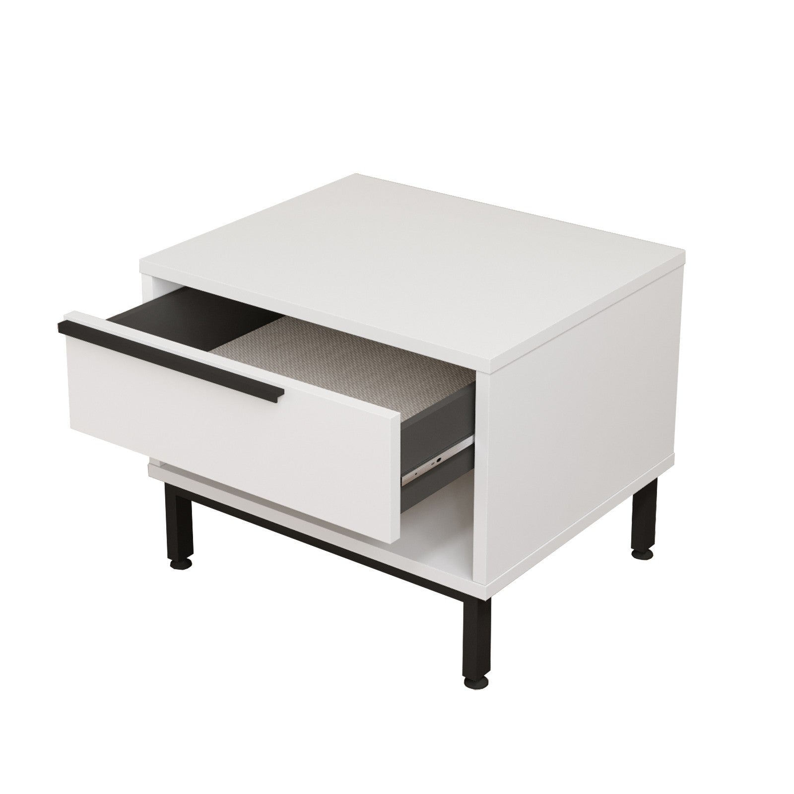 Mesa de cabeceira branca moderna com pés de metal, 53,6 x 42,4 x 44,5 cm | Painel de partículas 100% revestido de melamina, 18 mm de espessura | Elegante e funcional para o quarto