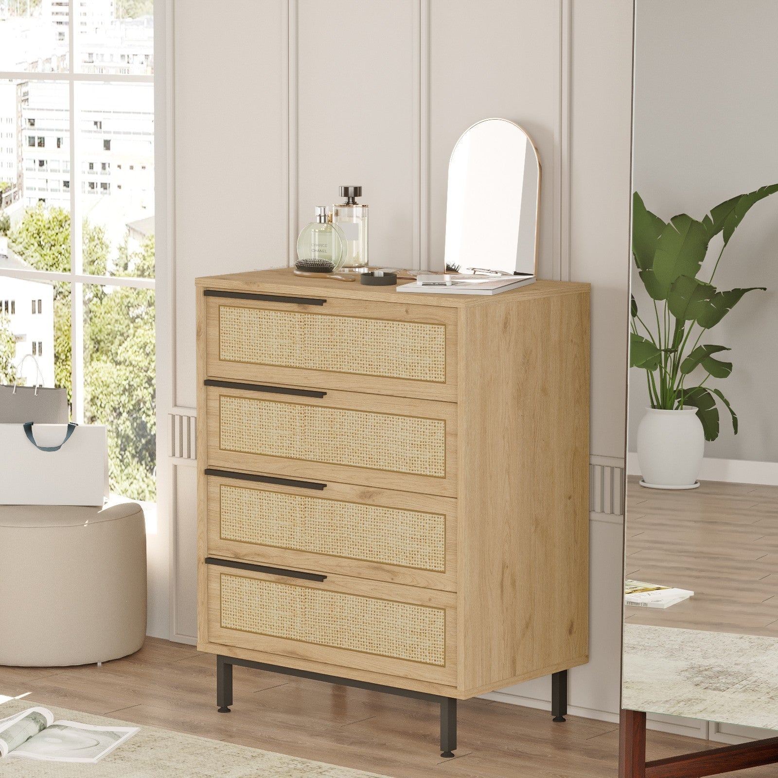 Cômoda estilosa com pernas de metal, acabamento em nogueira e carvalho, 74,8 x 95,1 x 44,5 cm | Painel de partículas 100% revestido em melamina, 18 mm de espessura | Solução de armazenamento moderna