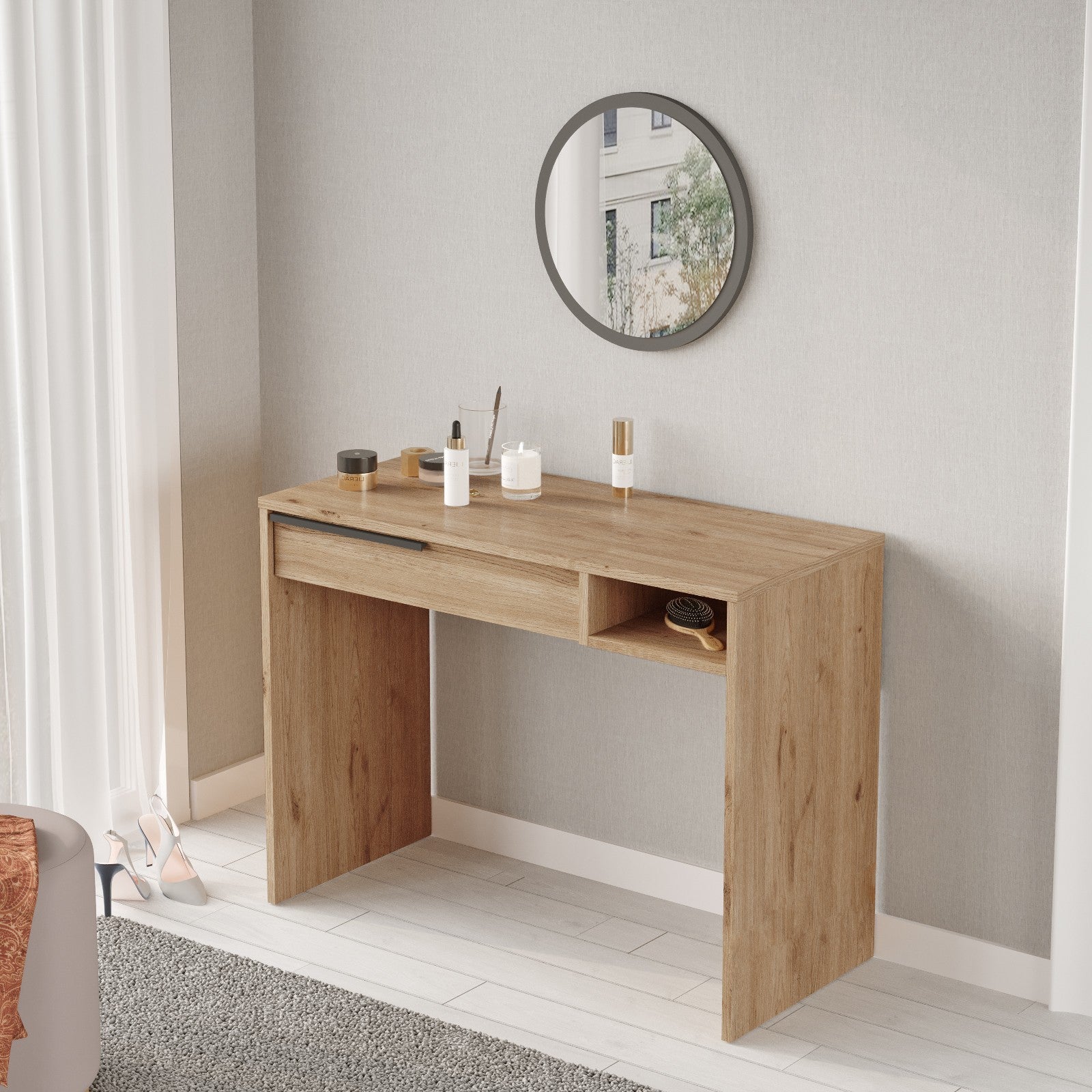 Toucador elegante em nogueira com espelho, 100 cm x 75 cm x 44,5 cm | Painel de partículas 100% revestido em melamina, 18 mm de espessura | Design elegante e funcional para espaços modernos