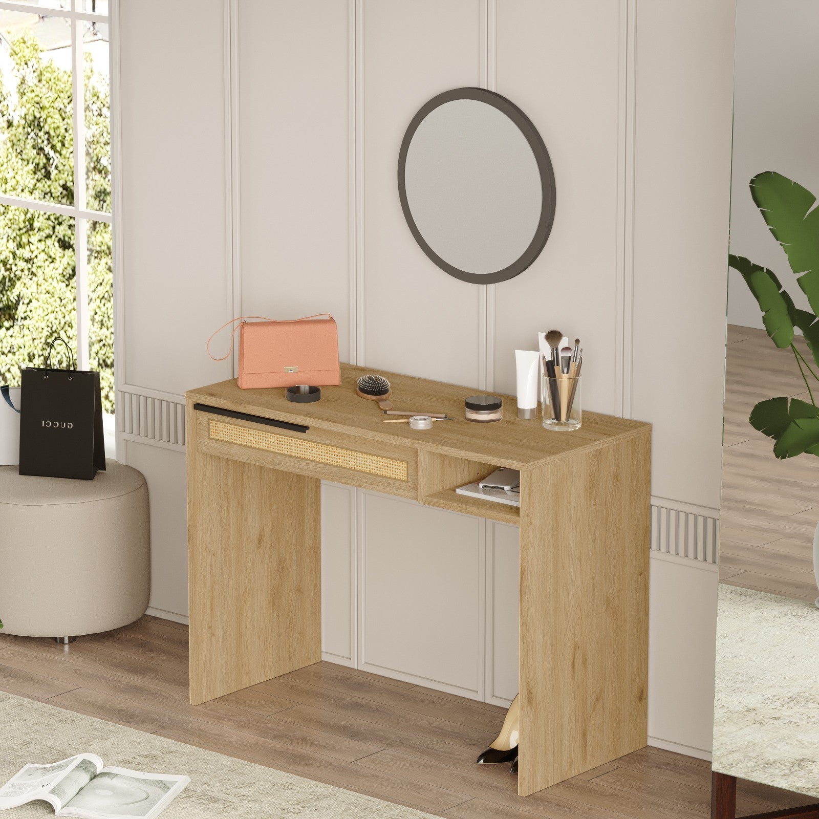 Toucador elegante com espelho, acabamento em nogueira e carvalho, 100 cm x 75 cm x 44,5 cm | Revestimento 100% melamina, 18 mm de espessura, revestimento UV | Design elegante e funcional