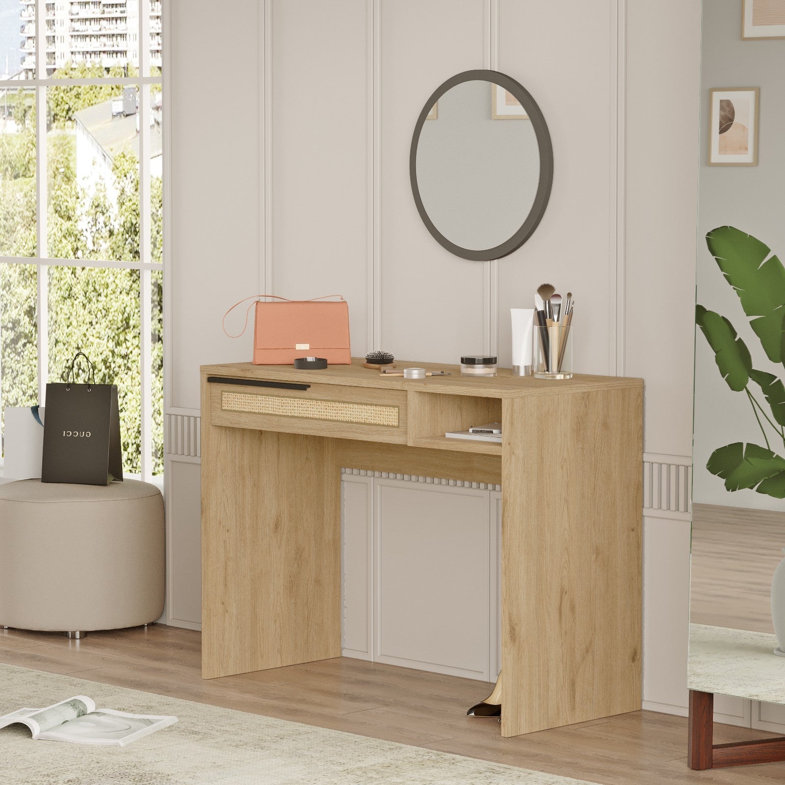 Toucador elegante com espelho, acabamento em nogueira e carvalho, 100 cm x 75 cm x 44,5 cm | Revestimento 100% melamina, 18 mm de espessura, revestimento UV | Design elegante e funcional