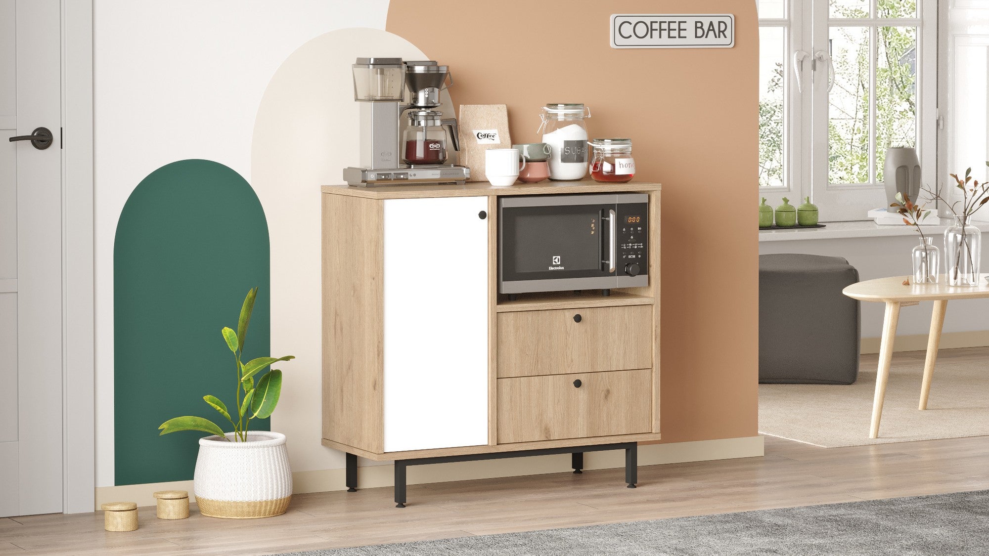 Armário multiusos – 88cm x 85cm x 35.5cm – Carvalho e Branco – Painéis de partículas revestidos a melamina