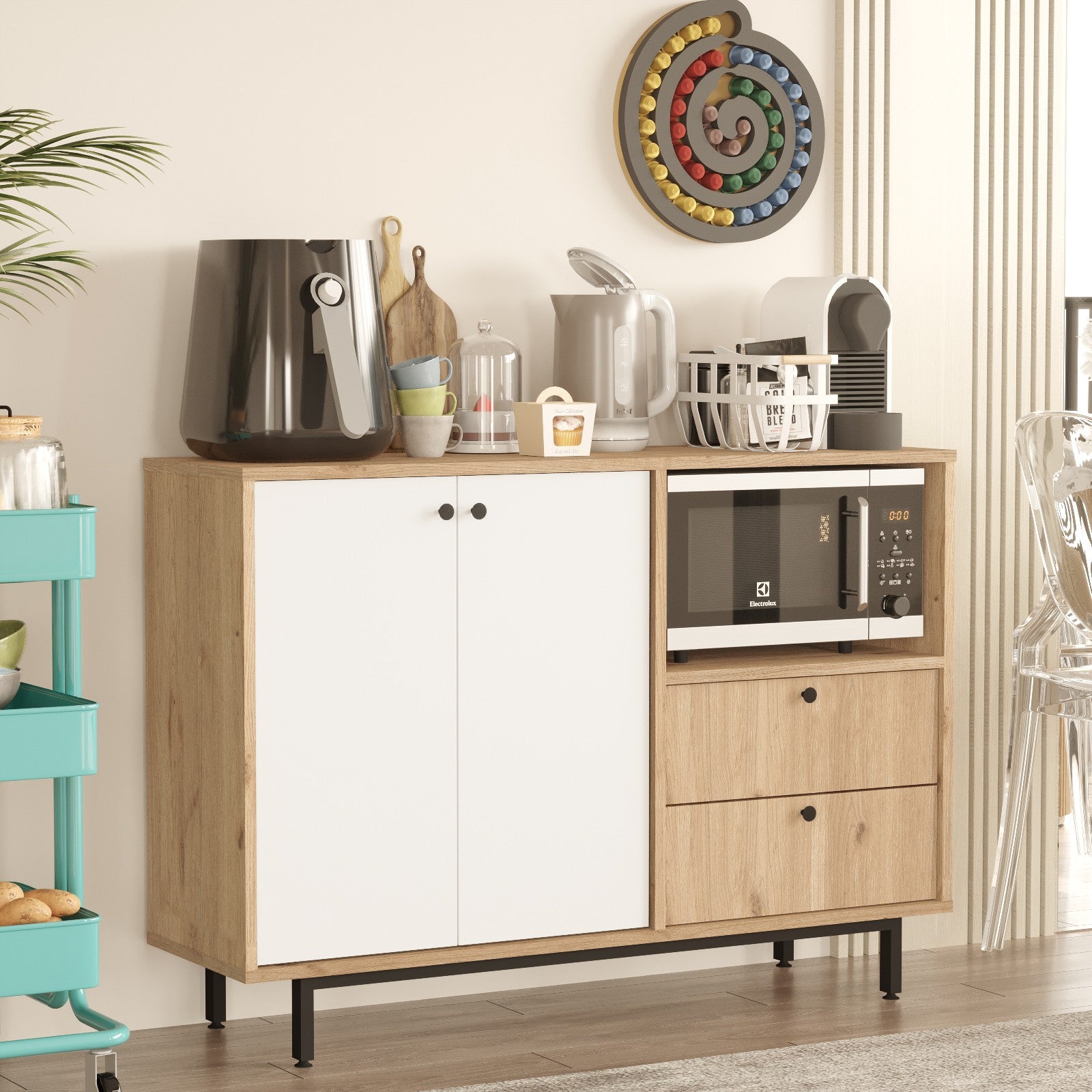 Armário multiusos – 120 cm x 85 cm x 35.5 cm – Carvalho e Branco – Painel de partículas revestido a melamina