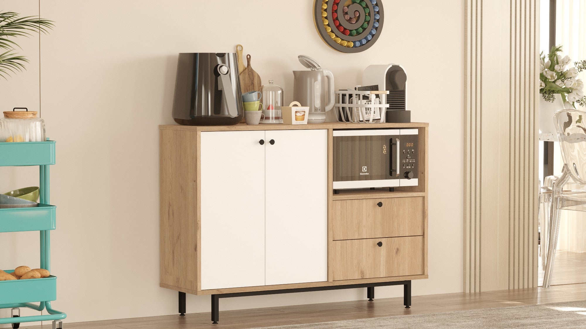 Armário multiusos – 120 cm x 85 cm x 35.5 cm – Carvalho e Branco – Painel de partículas revestido a melamina