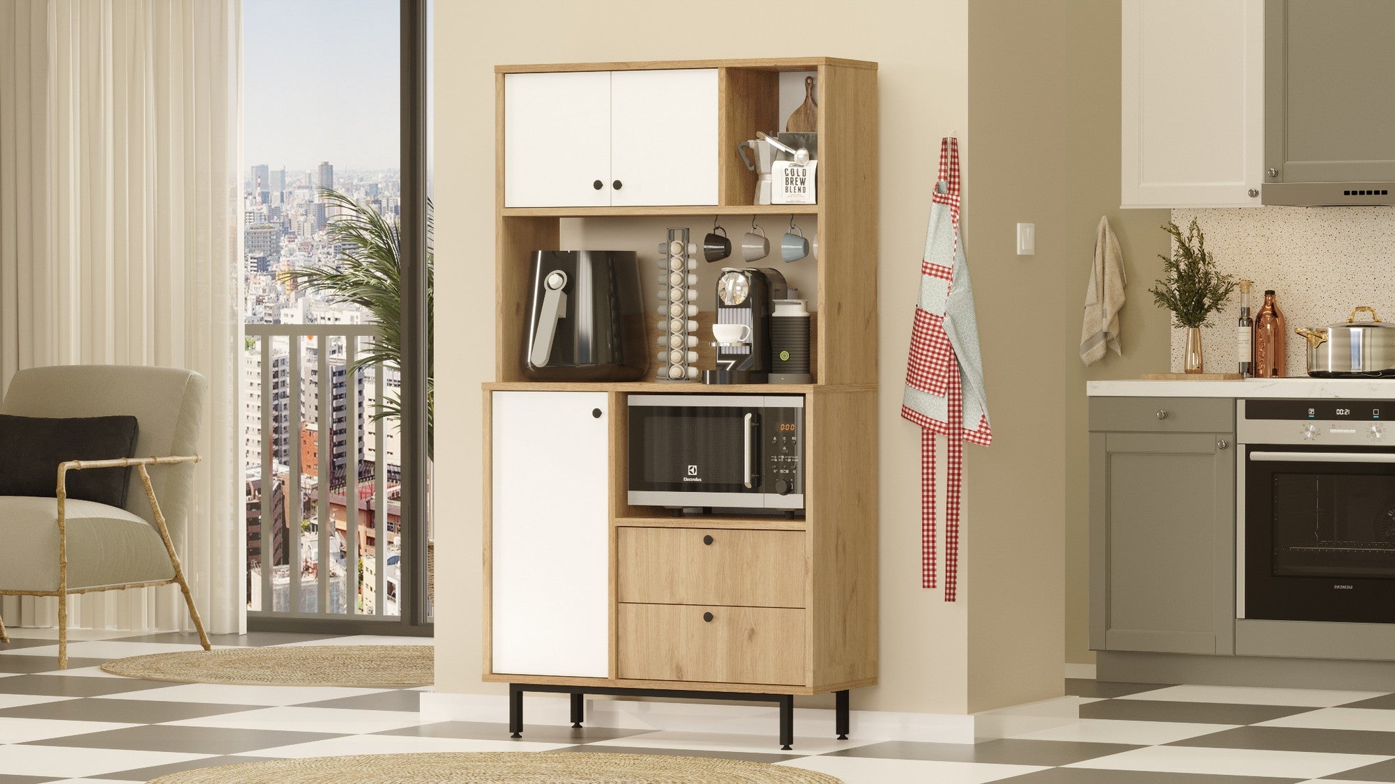 Armário multiuso – 88cm x 161.2cm x 35.5cm – Carvalho e Branco – Painel de partículas