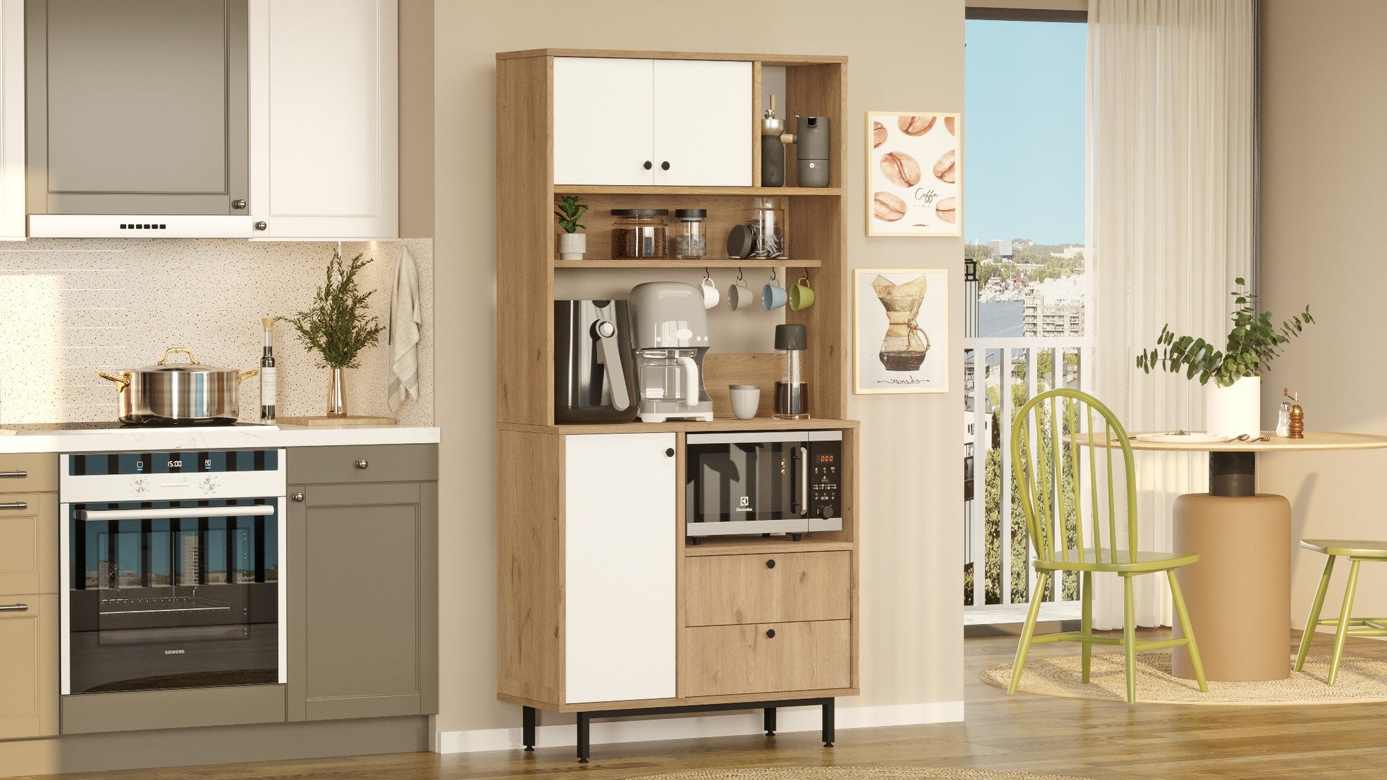 Armário multiuso – 88cm x 180cm x 35.5cm – Carvalho e Branco – Painel de partículas revestido a melamina