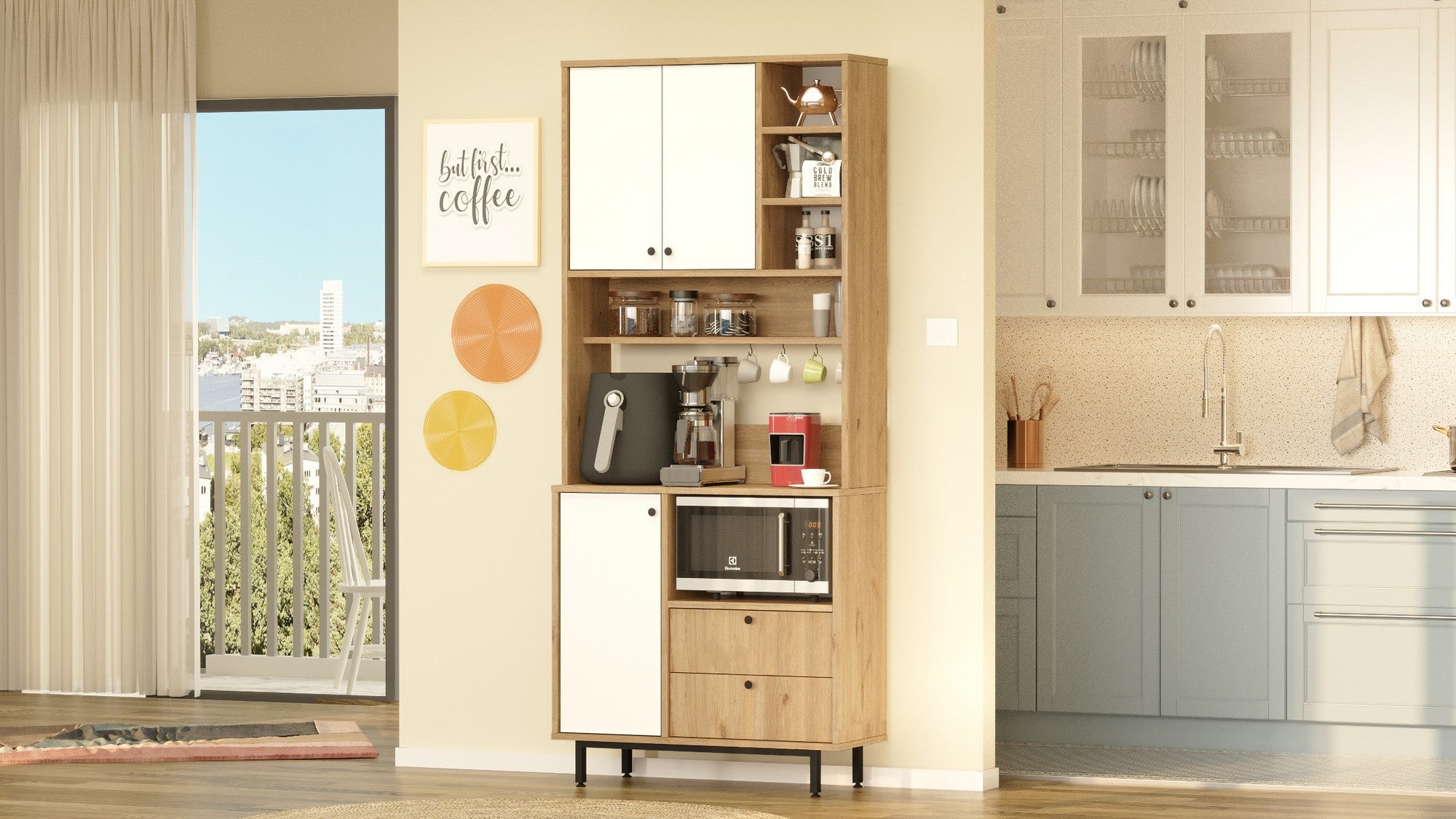 Armário multiuso – 88 cm x 205 cm x 35.5 cm – Carvalho e Branco – Painel de partículas revestido a melamina