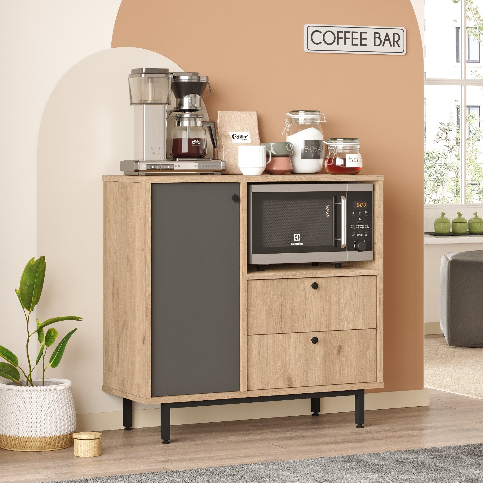 Armário multifunções – 88 cm x 85 cm x 35.5 cm – Carvalho e Antracite – Painel de partículas revestido a melamina