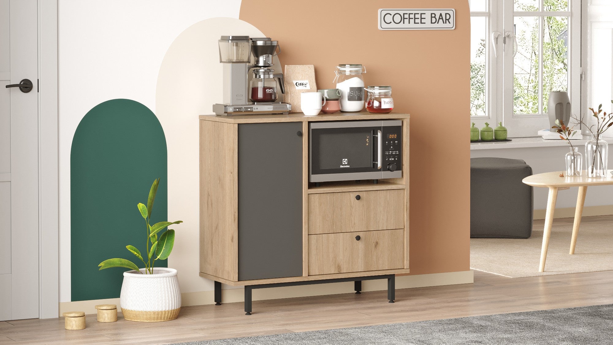 Armário multifunções – 88 cm x 85 cm x 35.5 cm – Carvalho e Antracite – Painel de partículas revestido a melamina