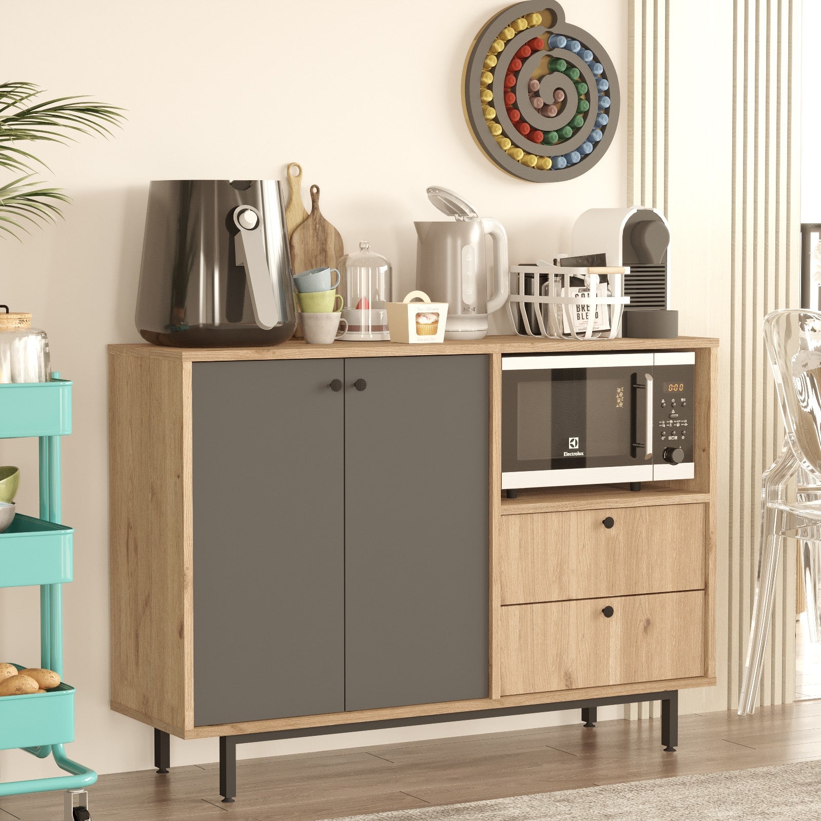 Armário multiuso – 120cm x 85cm x 35.5cm – Carvalho e Antracite – Painel de partículas revestido a melamina