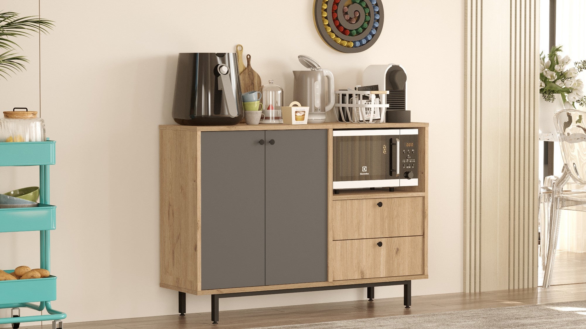 Armário multiuso – 120cm x 85cm x 35.5cm – Carvalho e Antracite – Painel de partículas revestido a melamina