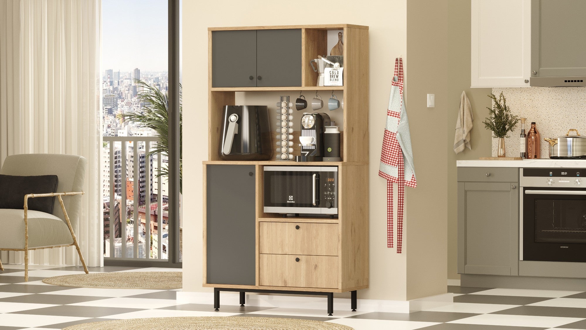 Armário multiuso – 88cm x 161.2cm x 35.5cm – Carvalho e Antracite – Painel de partículas revestido a melamina