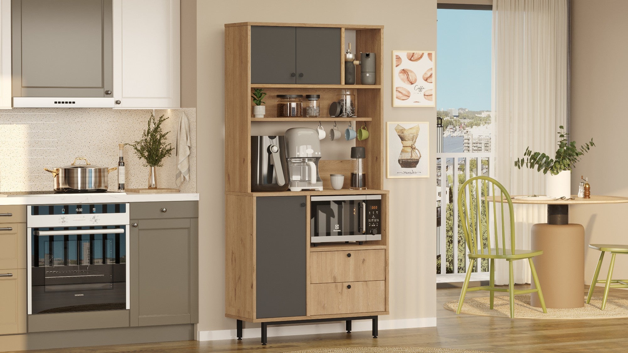 Armário multiuso – 88cm x 180cm x 35.5cm – Carvalho e Antracite – Painéis de partículas revestidos a melamina