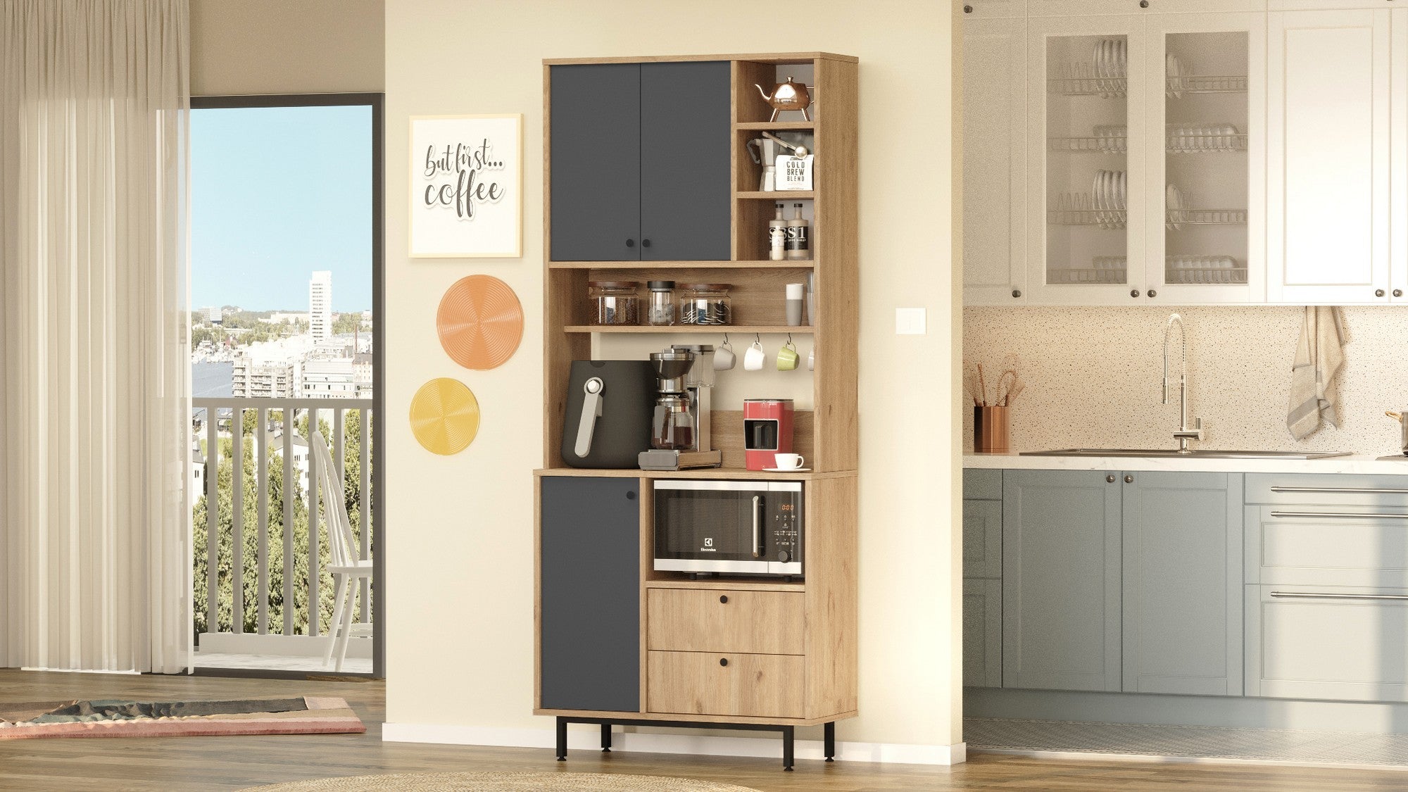 Armário multiuso – 88 cm x 205 cm x 35.5 cm – Carvalho e Antracite – Painéis de partículas revestidos a melamina