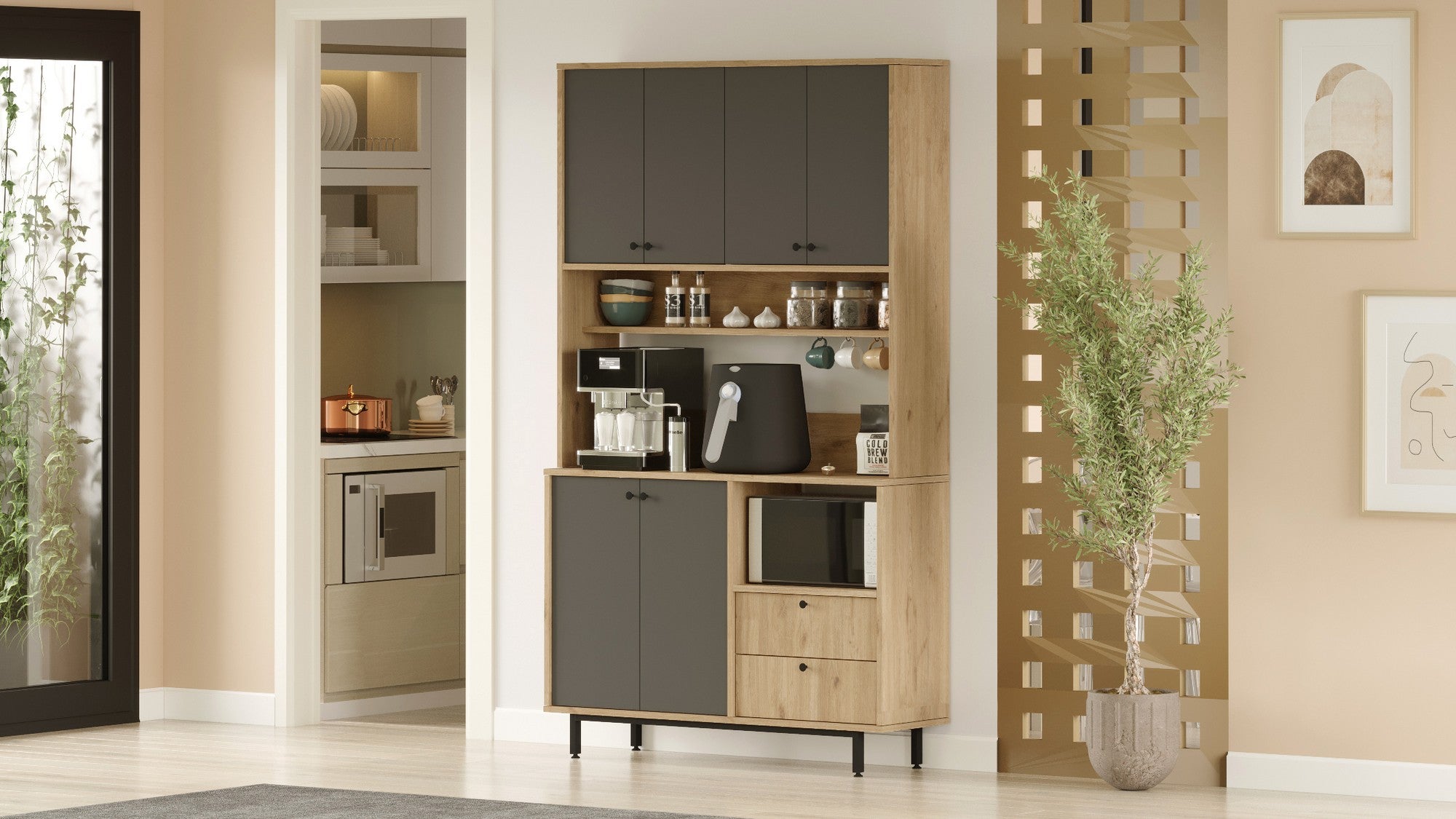 Armário multiuso – 120 cm x 205 cm x 35.5 cm – Carvalho e Antracite – Painéis de partículas revestidos a melamina