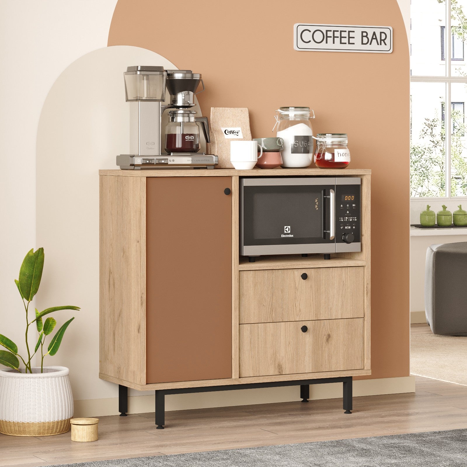 Armário multiusos – 88 cm x 85 cm x 35,5 cm – Carvalho e Vermelho Azulejo – Aglomerado de partículas