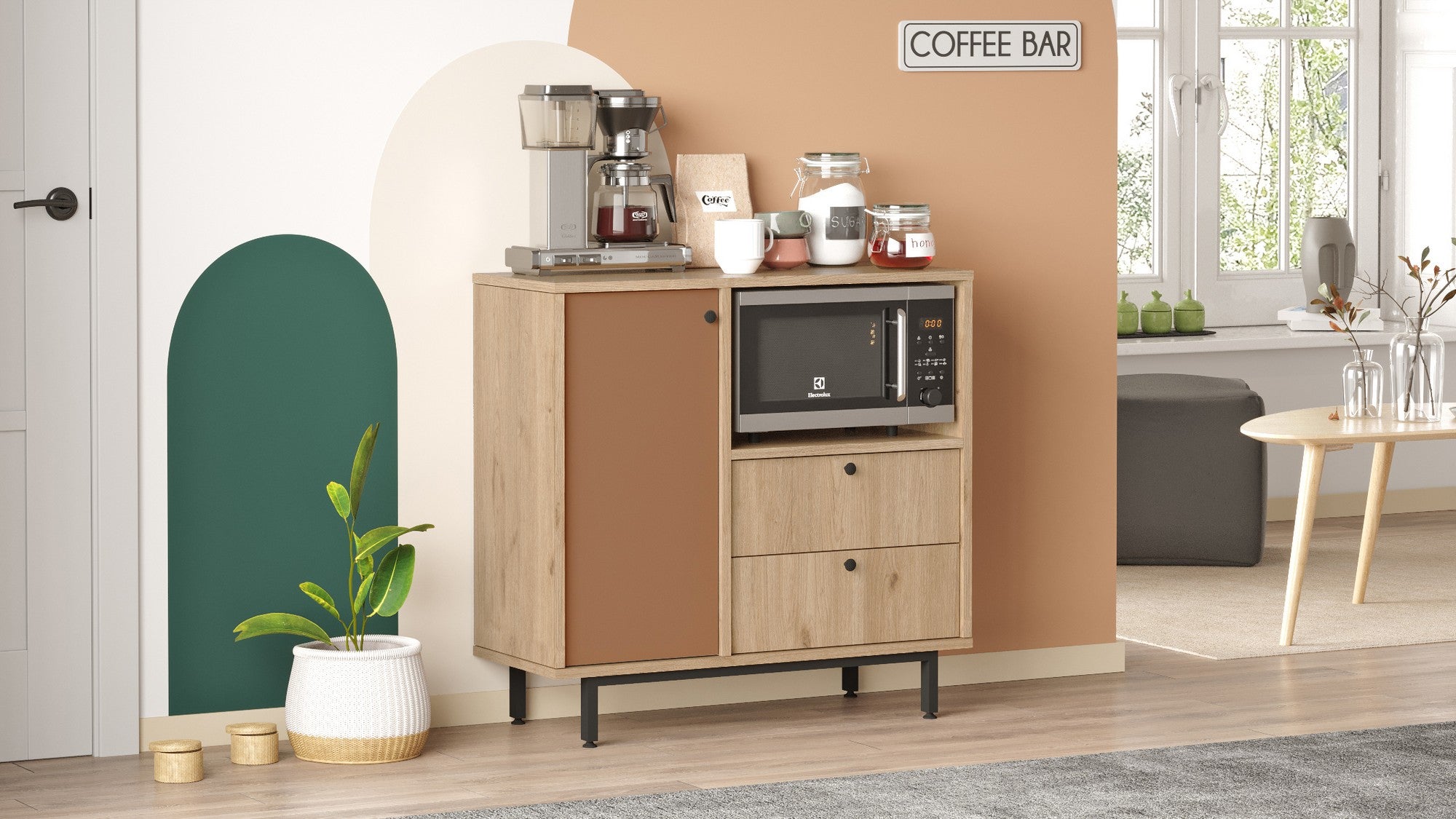 Armário multiusos – 88 cm x 85 cm x 35,5 cm – Carvalho e Vermelho Azulejo – Aglomerado de partículas