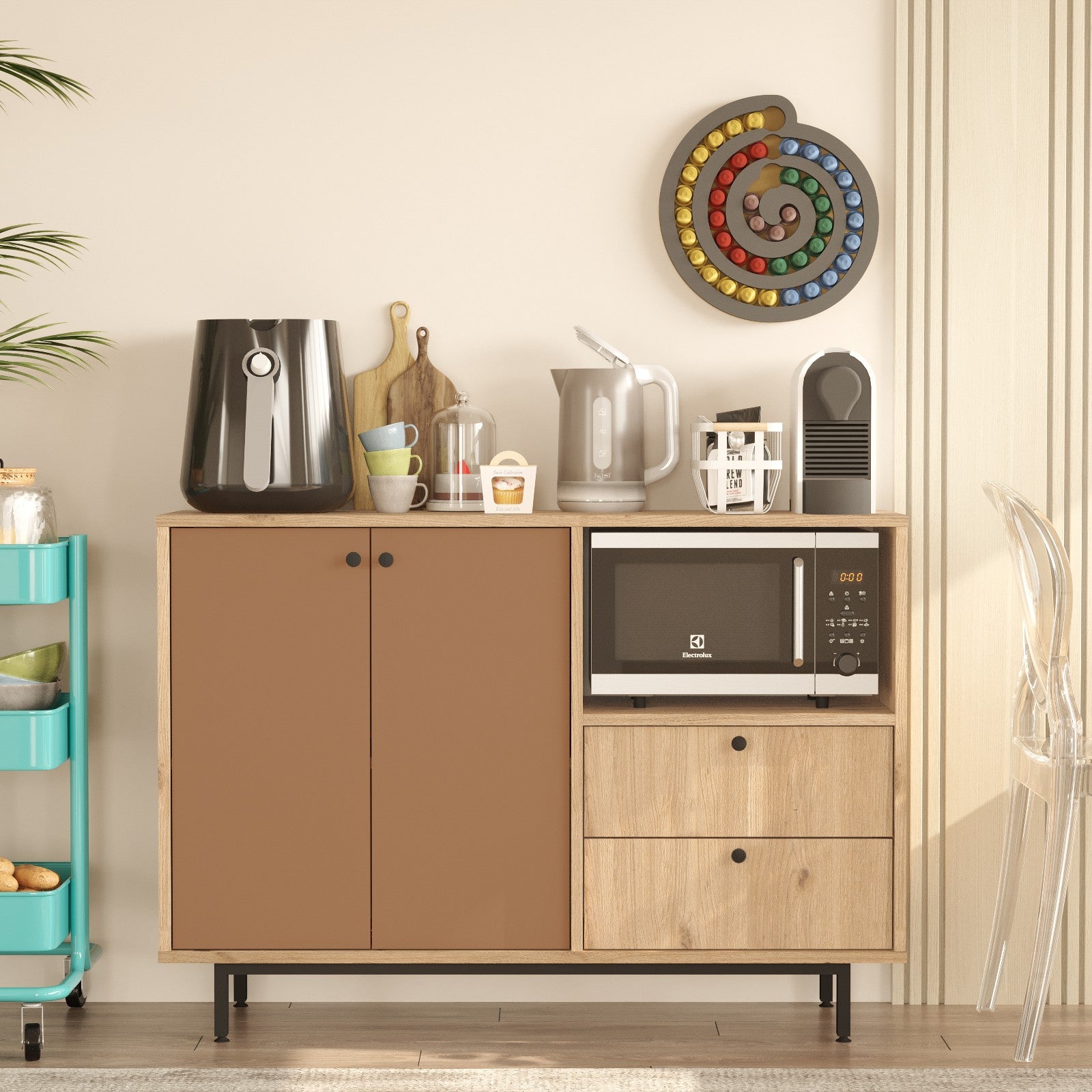 Armário multiuso – 120cm x 85cm x 35,5cm – Carvalho e Vermelho Azulejo – Aglomerado revestido a melamina