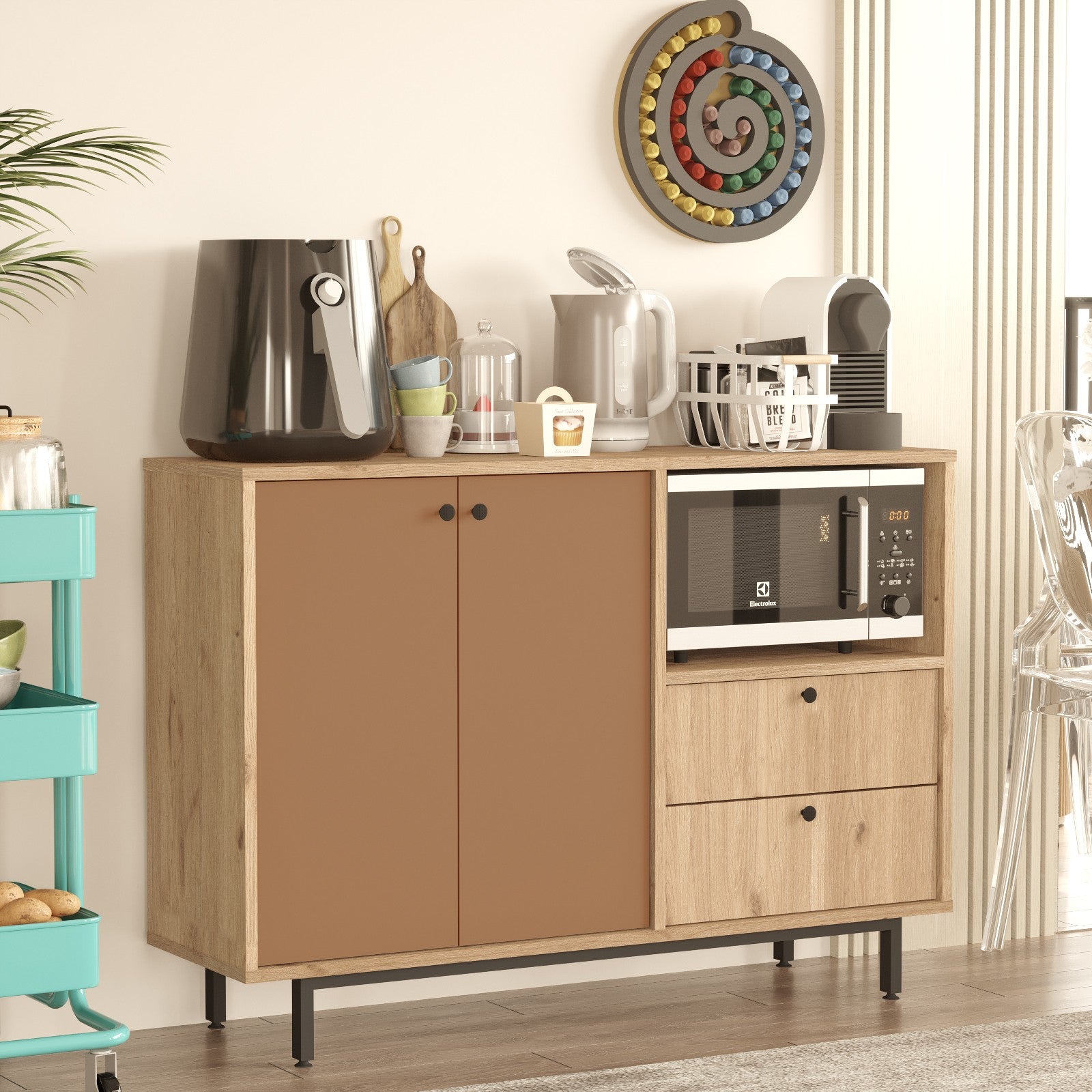 Armário multiuso – 120cm x 85cm x 35,5cm – Carvalho e Vermelho Azulejo – Aglomerado revestido a melamina