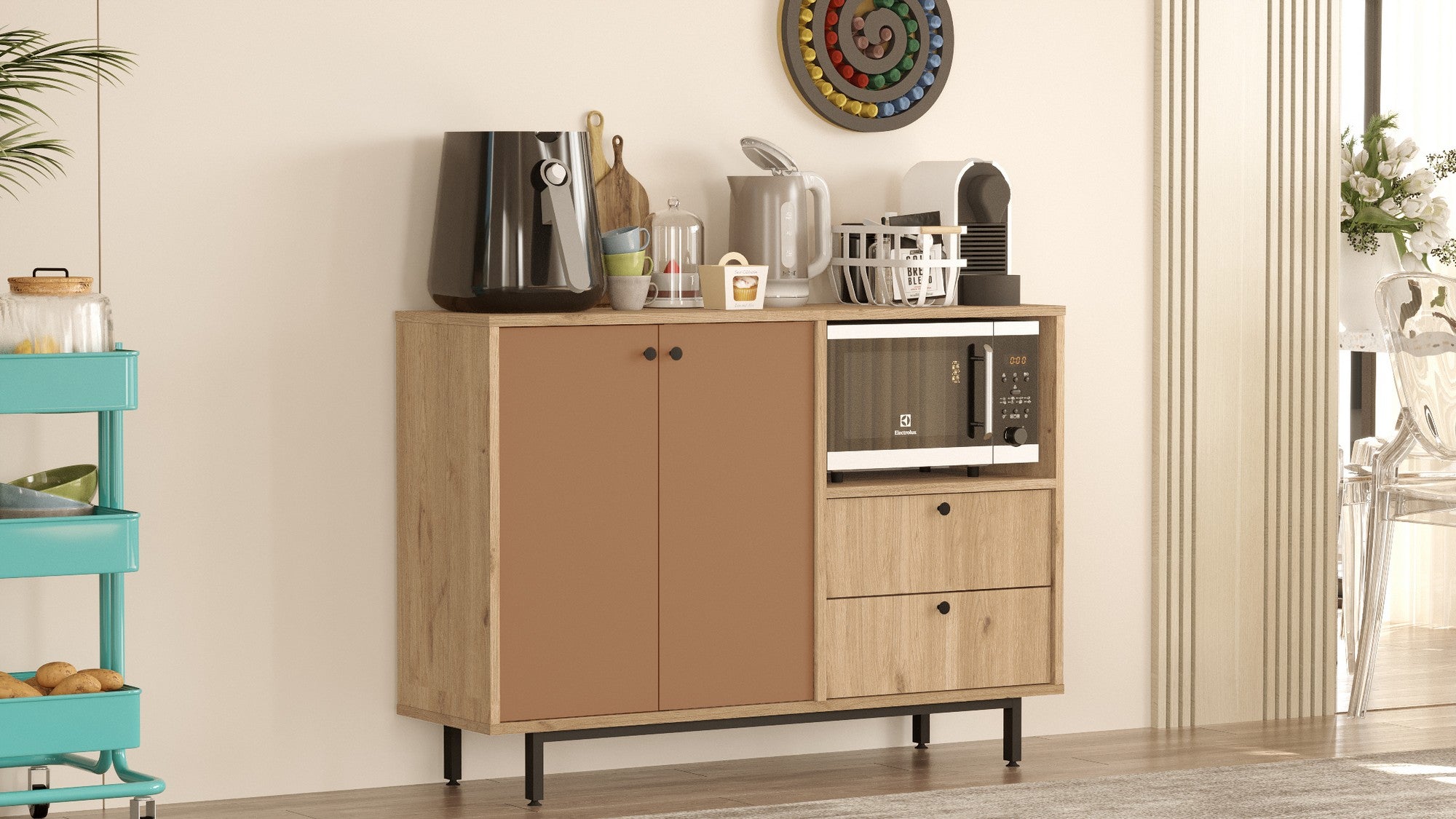 Armário multiuso – 120cm x 85cm x 35,5cm – Carvalho e Vermelho Azulejo – Aglomerado revestido a melamina