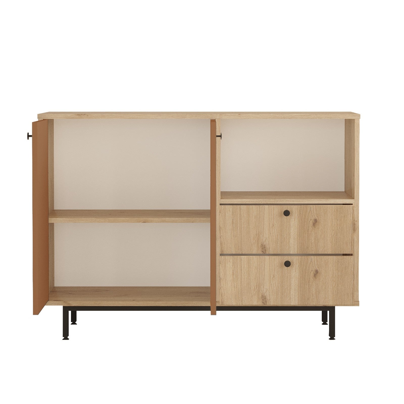 Armário multiuso – 120cm x 85cm x 35,5cm – Carvalho e Vermelho Azulejo – Aglomerado revestido a melamina