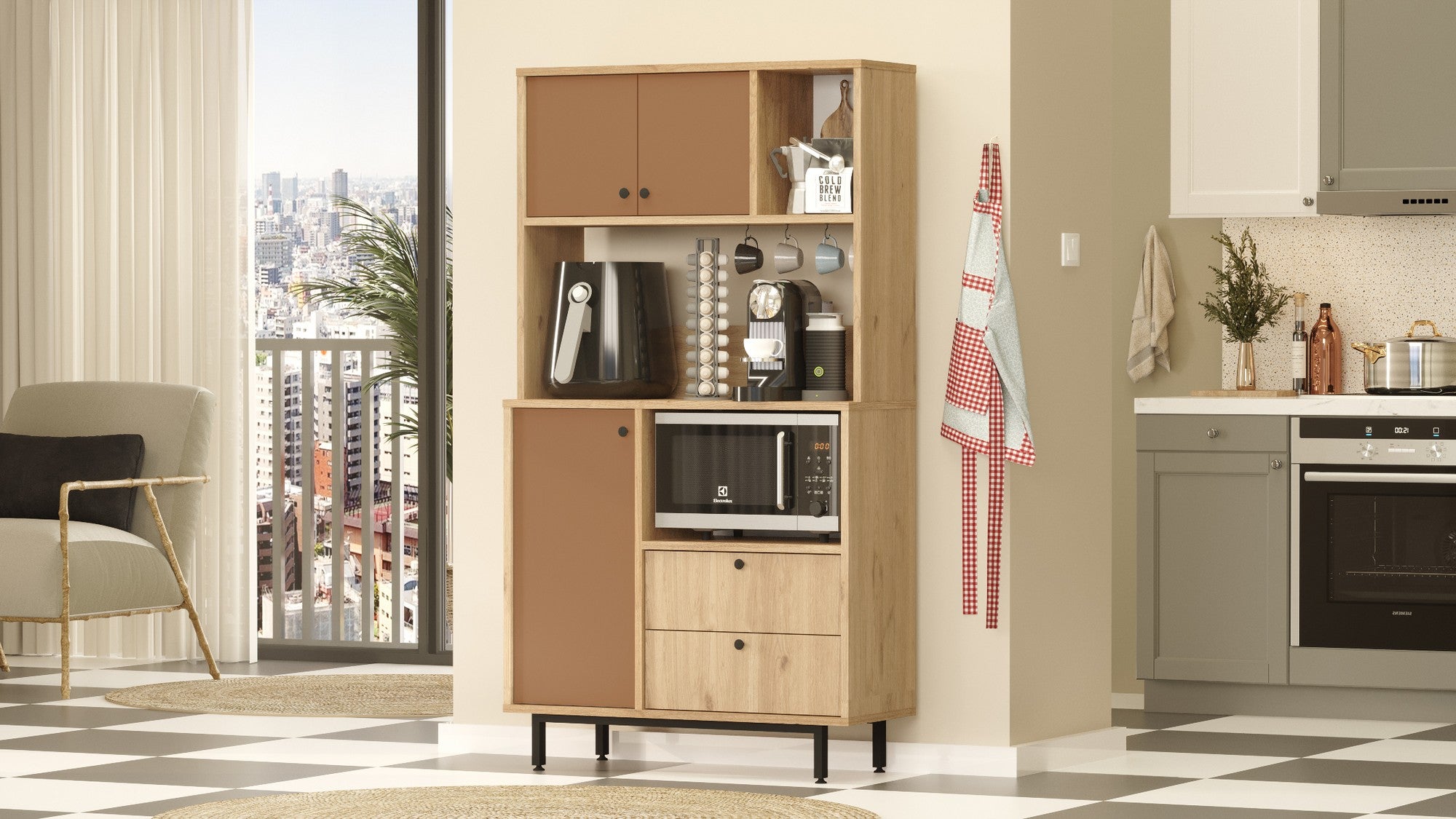 Armário multiuso – 88cm x 161.2cm x 35.5cm – Carvalho e Vermelho Azulejo – Aglomerado de partículas