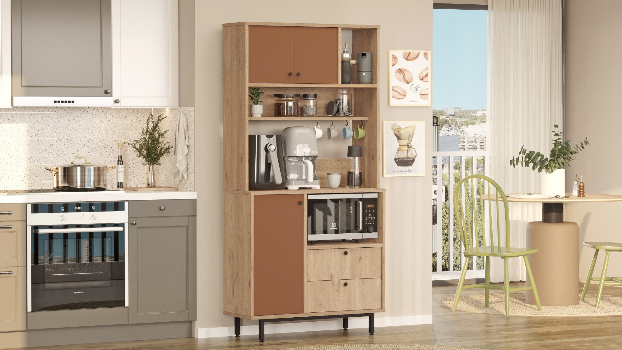 Armário multiuso – 88cm x 180cm x 35,5cm – Carvalho e Azulejo Vermelho – Aglomerado de Partículas