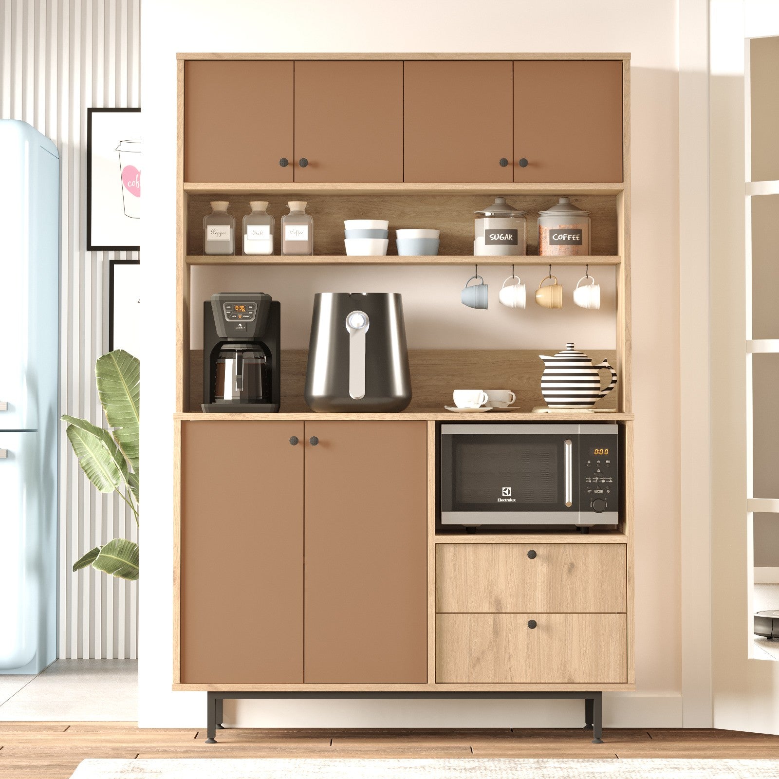 Armário multiuso – 120 cm x 180 cm x 35,5 cm – Carvalho e Vermelho Azulejo – Aglomerado de partículas com revestimento a melamina