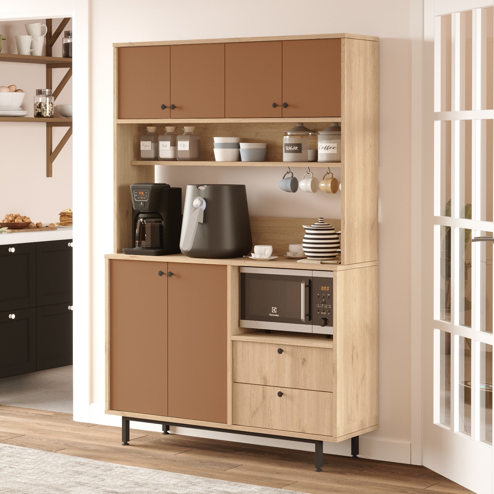 Armário multiuso – 120 cm x 180 cm x 35,5 cm – Carvalho e Vermelho Azulejo – Aglomerado de partículas com revestimento a melamina