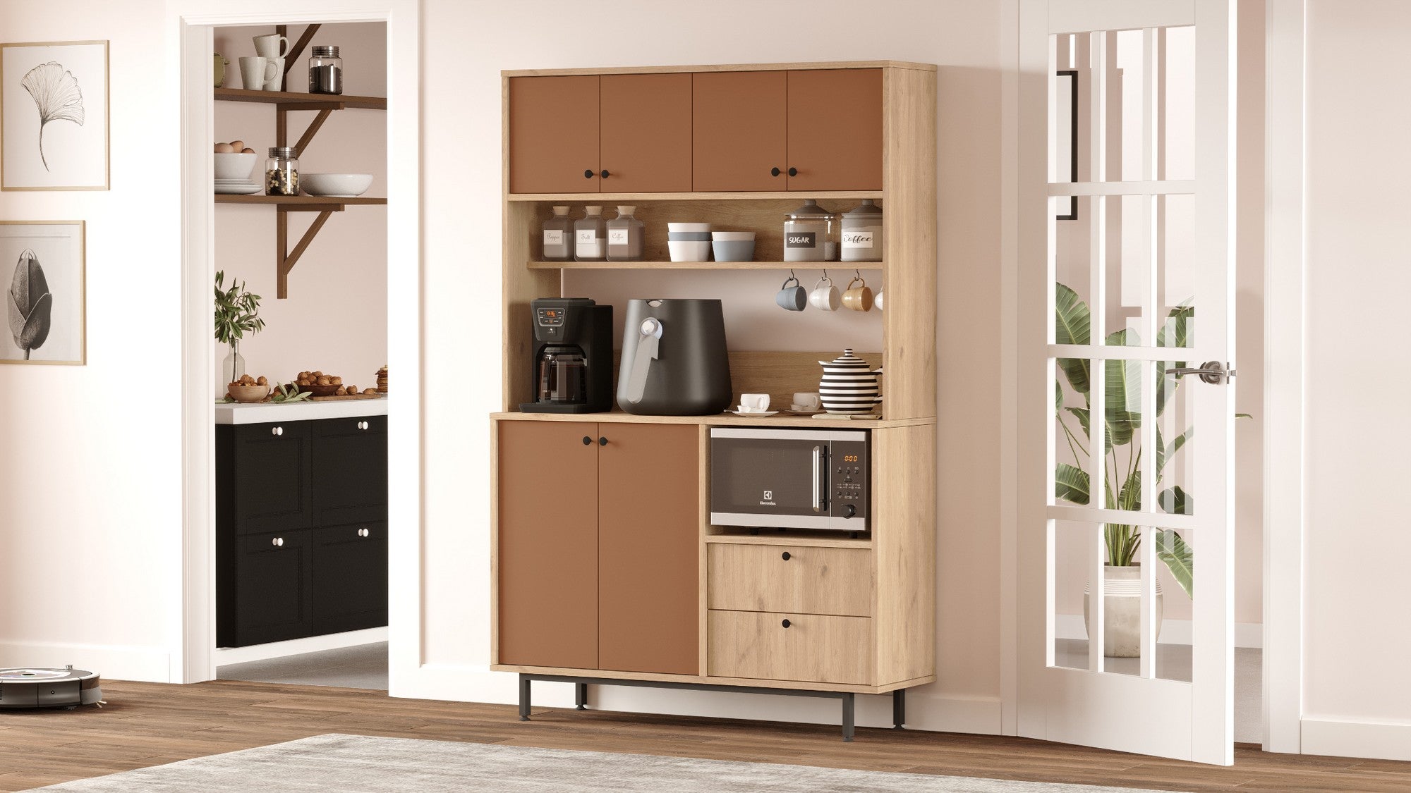 Armário multiuso – 120 cm x 180 cm x 35,5 cm – Carvalho e Vermelho Azulejo – Aglomerado de partículas com revestimento a melamina