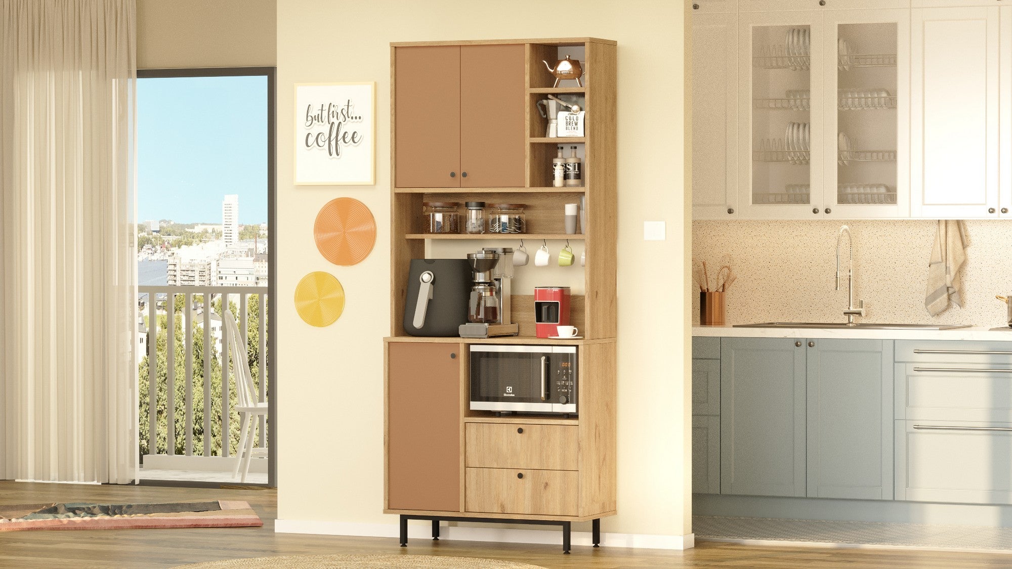 Armário multiuso – 88cm x 205cm x 35,5cm – Carvalho e Azulejo Vermelho – Aglomerado de partículas