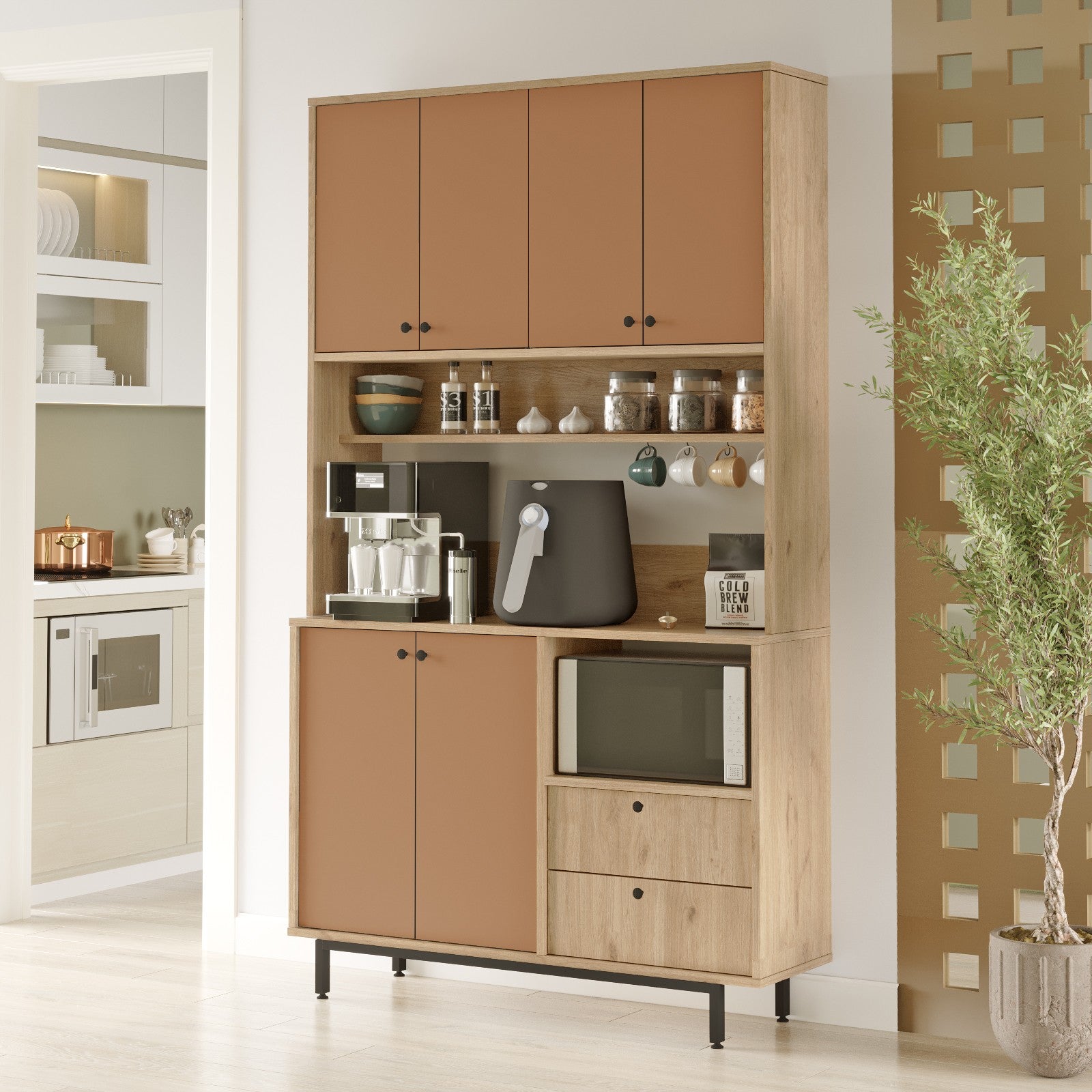 Armário multiuso – 120cm x 205cm x 35,5cm – Carvalho e Azulejo Vermelho – Aglomerado