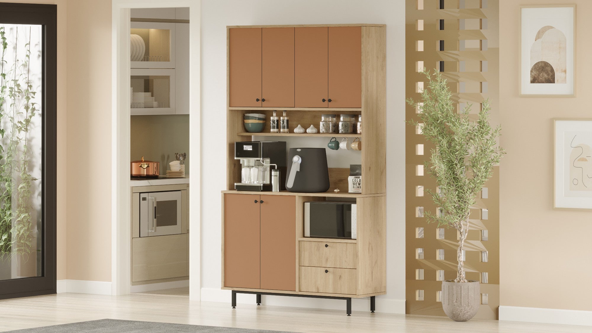 Armário multiuso – 120cm x 205cm x 35,5cm – Carvalho e Azulejo Vermelho – Aglomerado