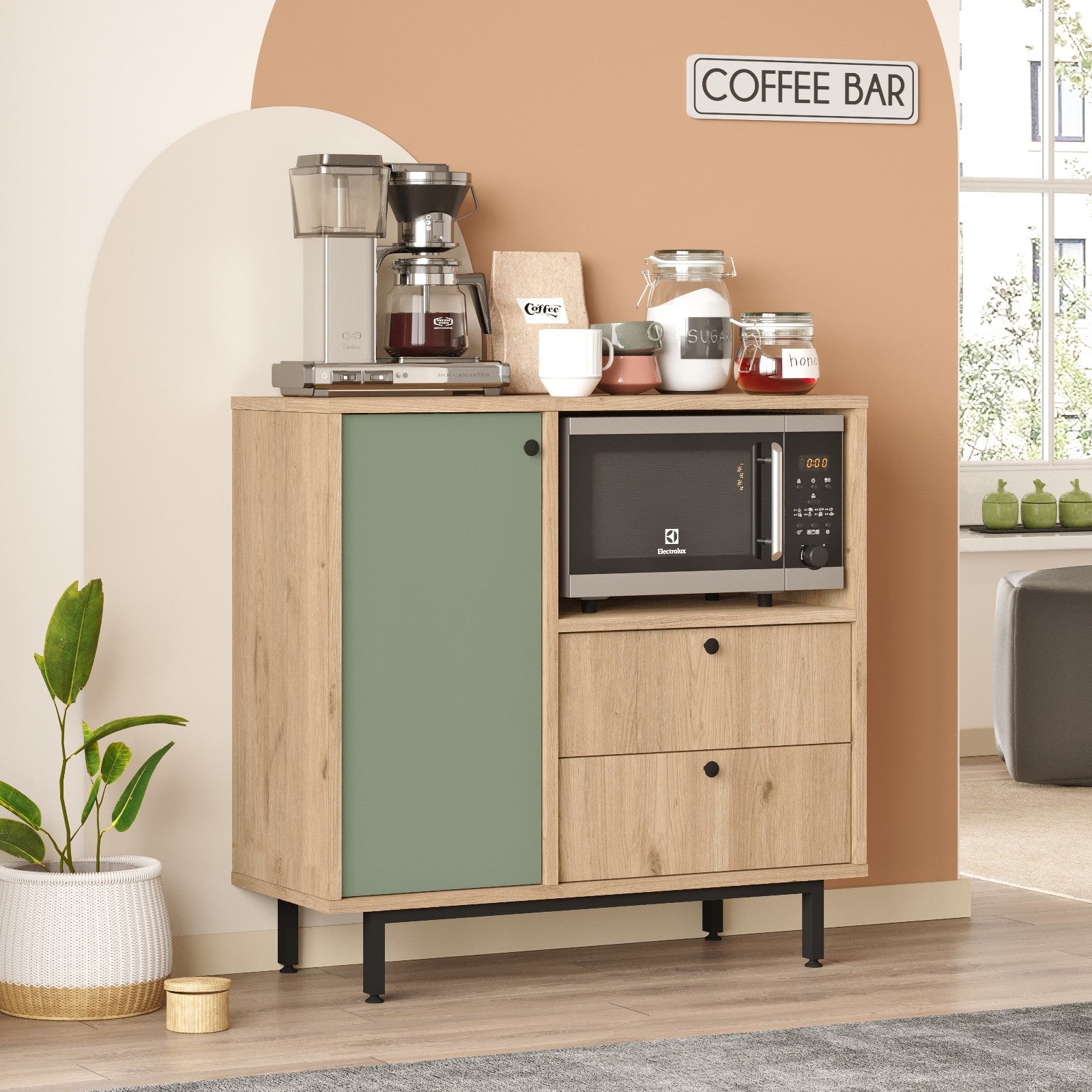 Armário multiusos – 88cm x 85cm x 35,5cm – Carvalho e Verde – Aglomerado revestido a melamina