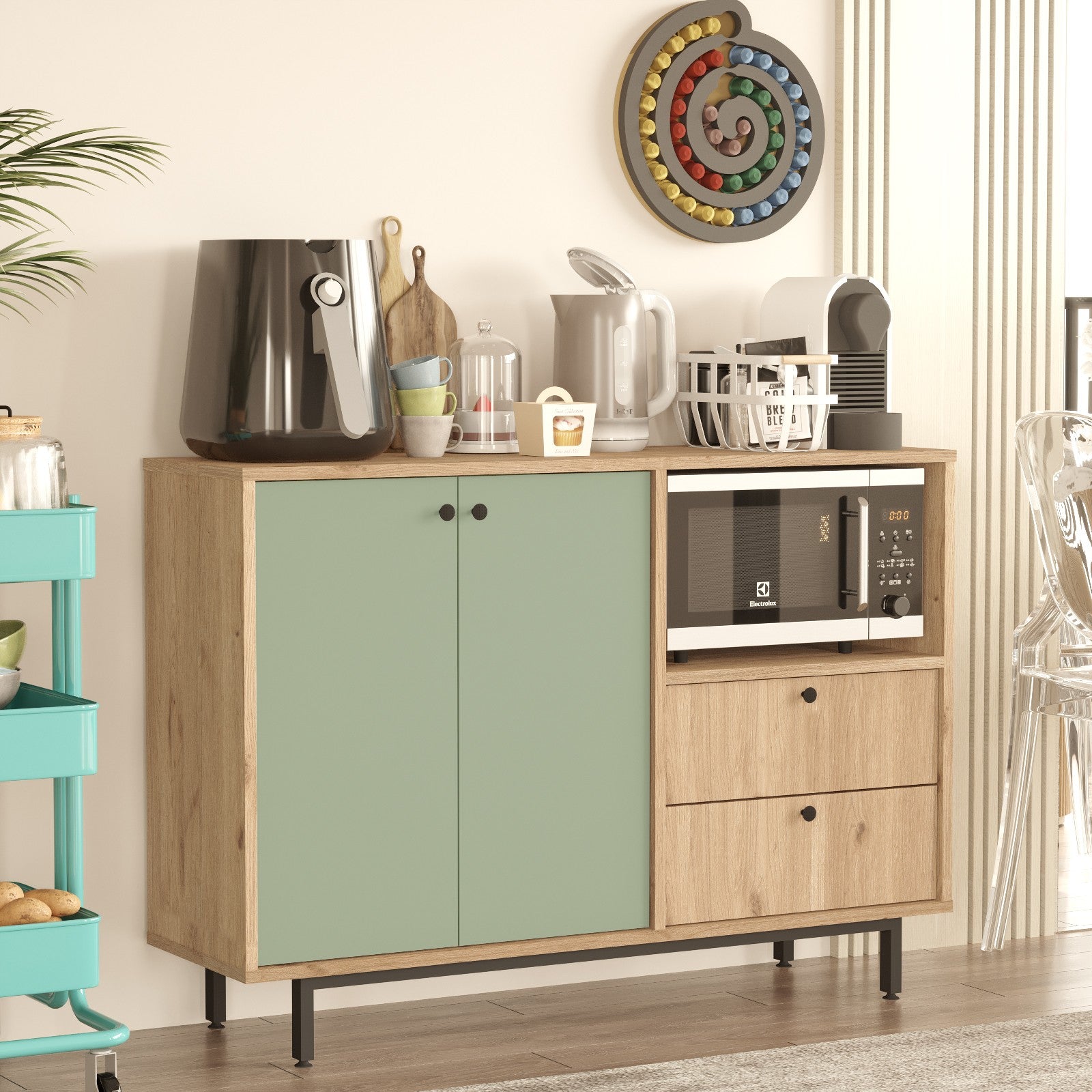 Armário multiusos – 120cm x 85cm x 35,5cm – Carvalho e Verde – Aglomerado de partículas com revestimento em melamina