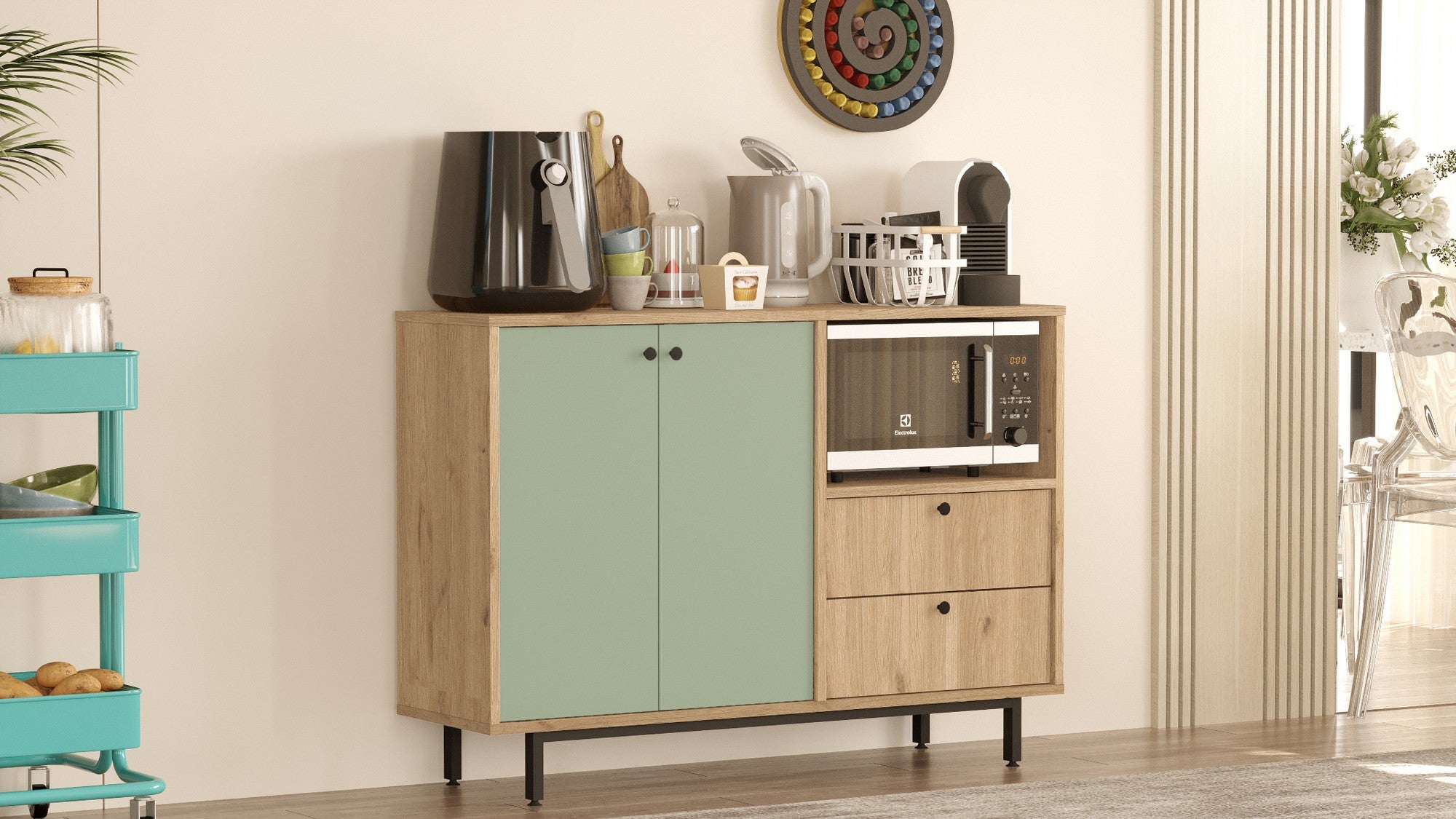 Armário multiusos – 120cm x 85cm x 35,5cm – Carvalho e Verde – Aglomerado de partículas com revestimento em melamina