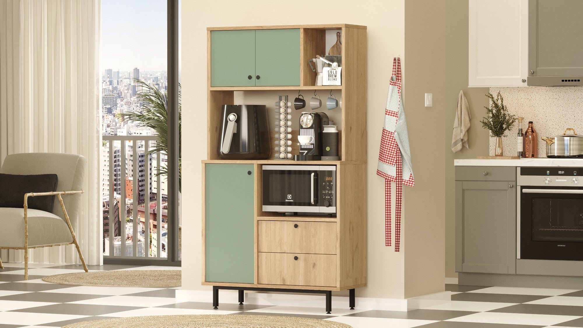 Armário multiuso – 88cm x 161,2cm x 35,5cm – Carvalho e verde – Melaminado