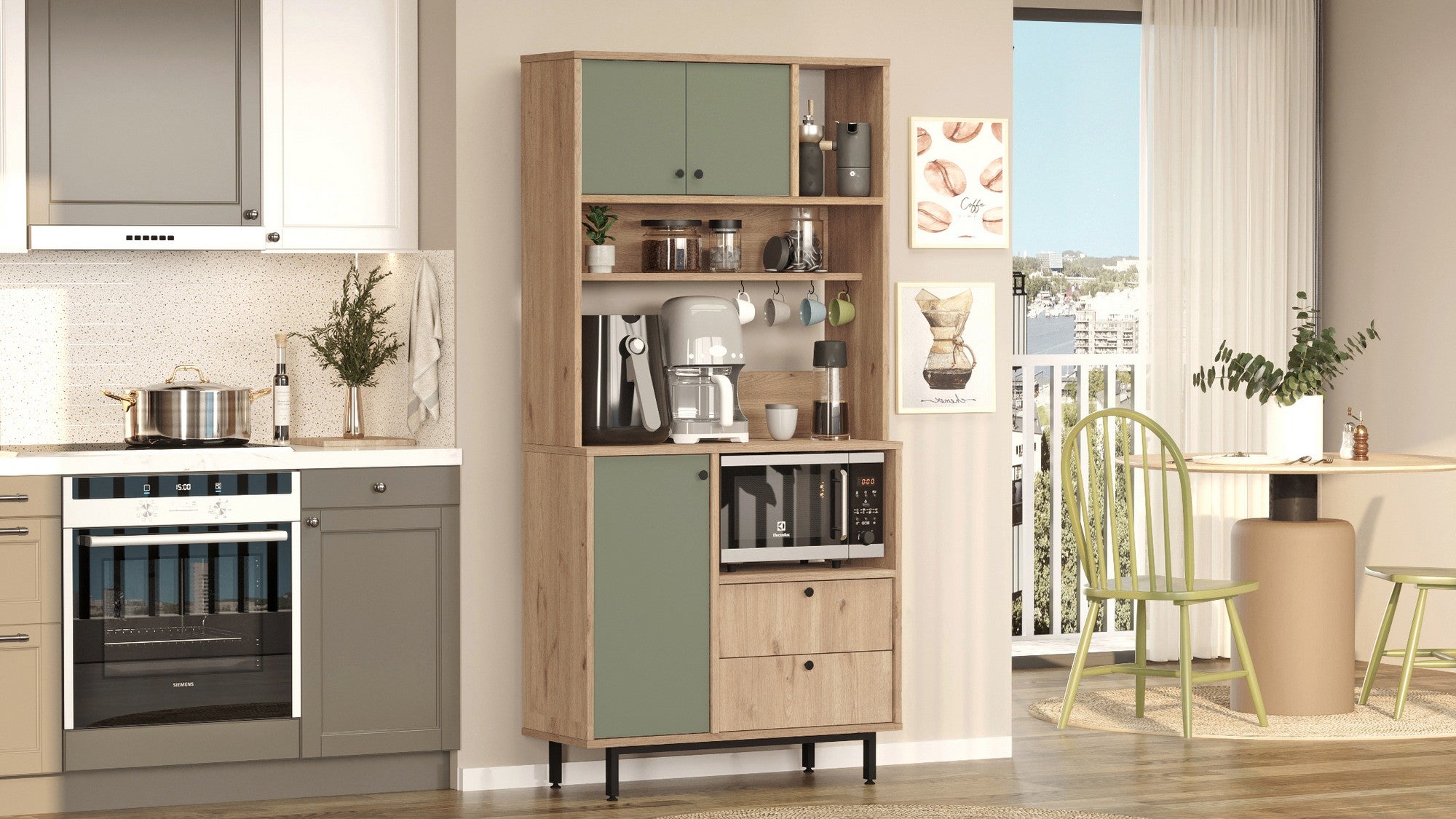 Armário multiusos – 88cm x 180cm x 35.5cm – Carvalho e Verde – Aglomerado