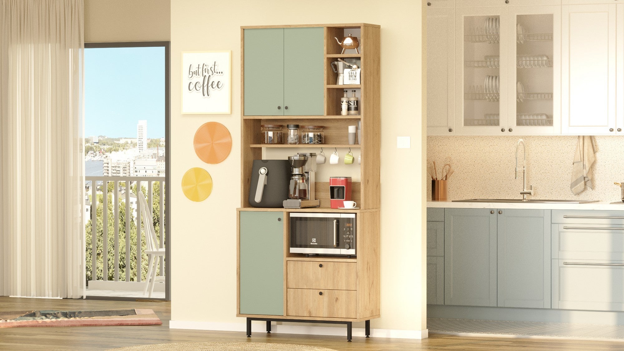 Armário multiuso – 88cm x 205cm x 35.5cm – Carvalho e Verde – Painel de partículas