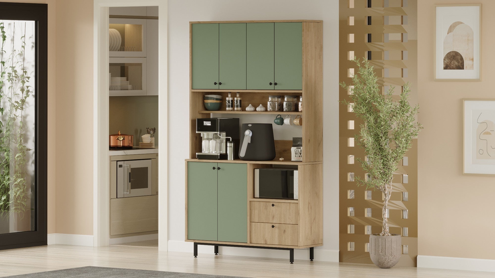 Armário multiuso – 120 cm x 205 cm x 35.5 cm – Carvalho e Verde – Painel de partículas revestido a melamina