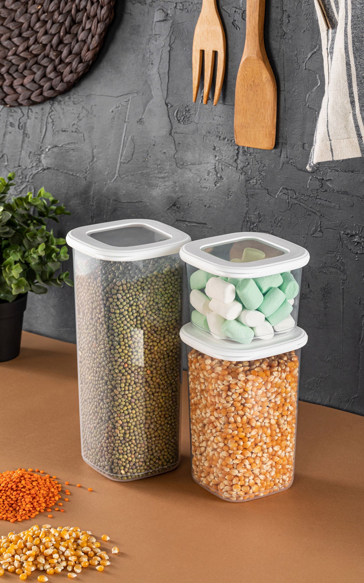 Conjunto de caixas de arrumação – 10 x 10 x 9.5 cm / 10 x 10 x 16.5 cm / 10 x 10 x 24.5 cm – Branco – Plástico