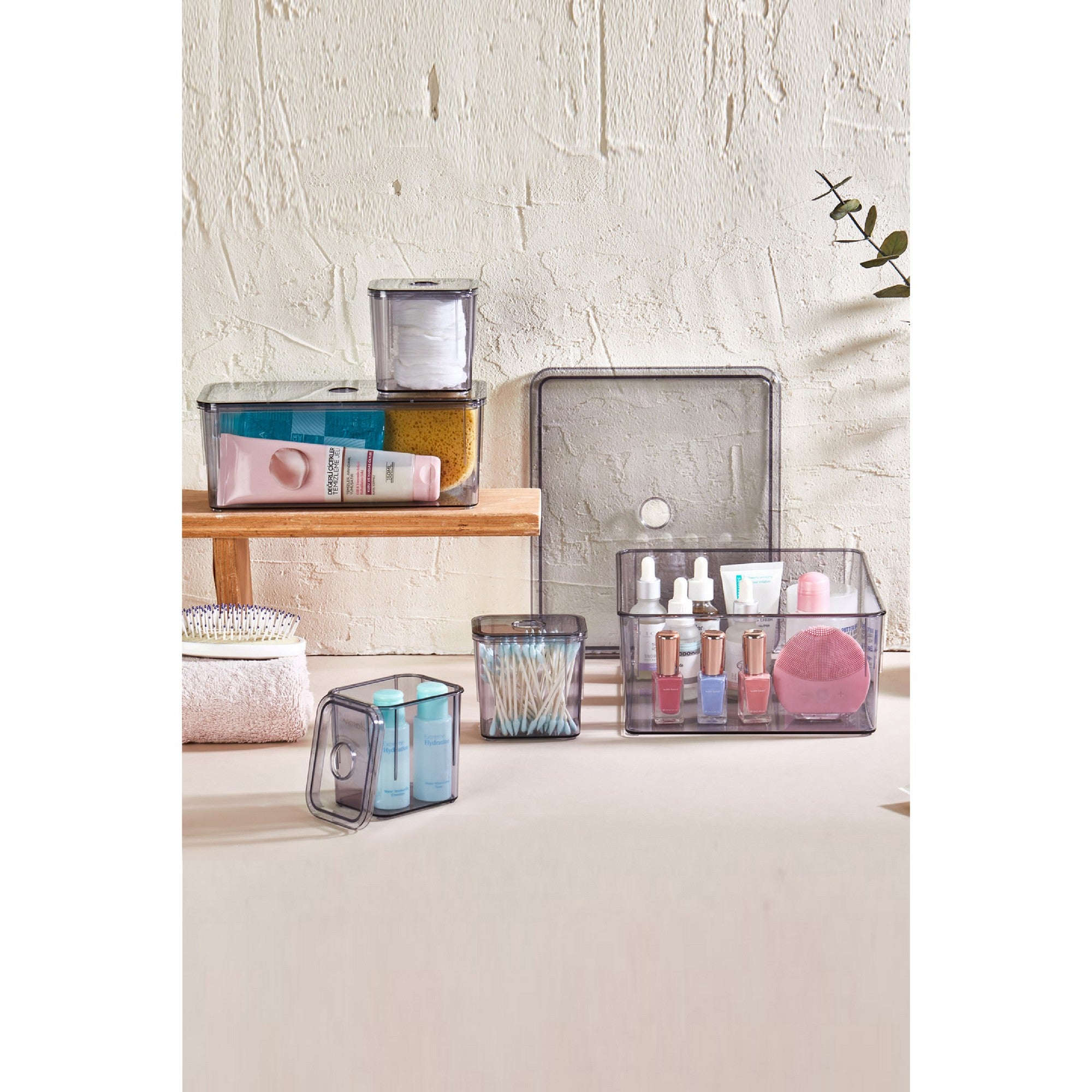 Conjunto de caixas de armazenamento – 22 x 25,5 x 10,5 cm, 11 x 24,5 x 9 cm, 7,5 x 9,5 x 8,5 cm – Antracite – Plástico